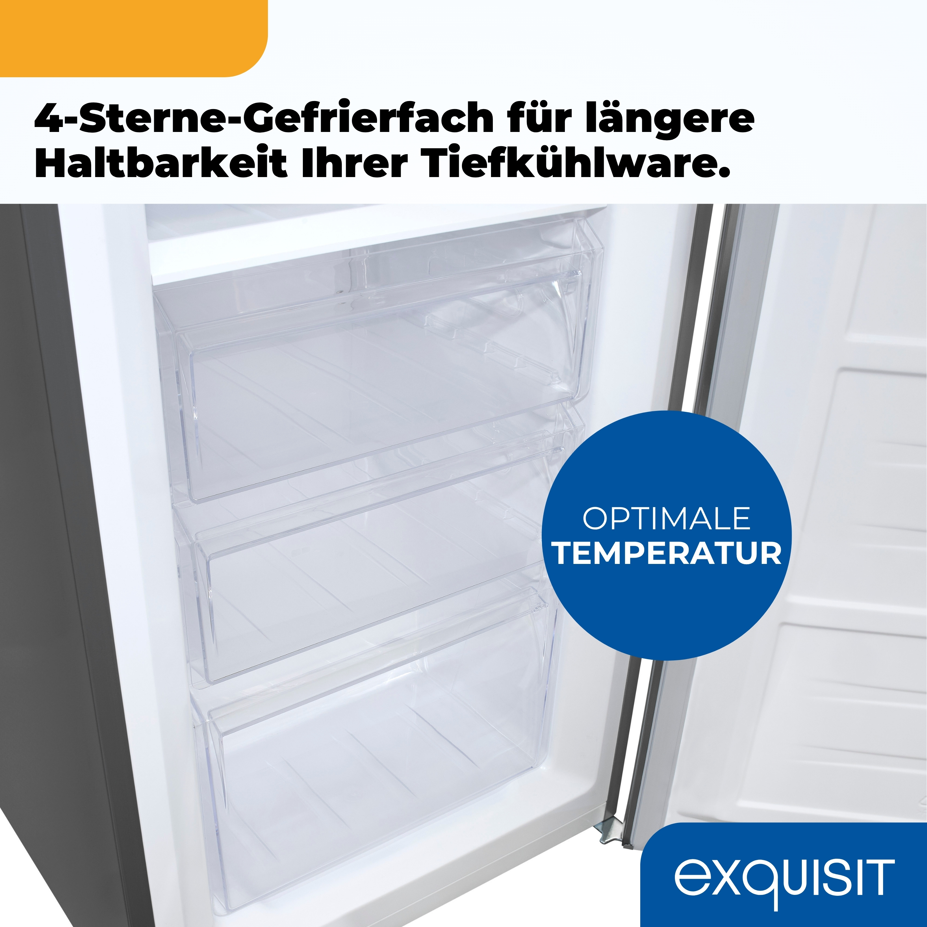 Ein Kühlschrank mit transparenten Schubladen, einem blauen Kreis mit Text und einer orangefarbenen Kopfzeile. Die Marke ist sichtbar.