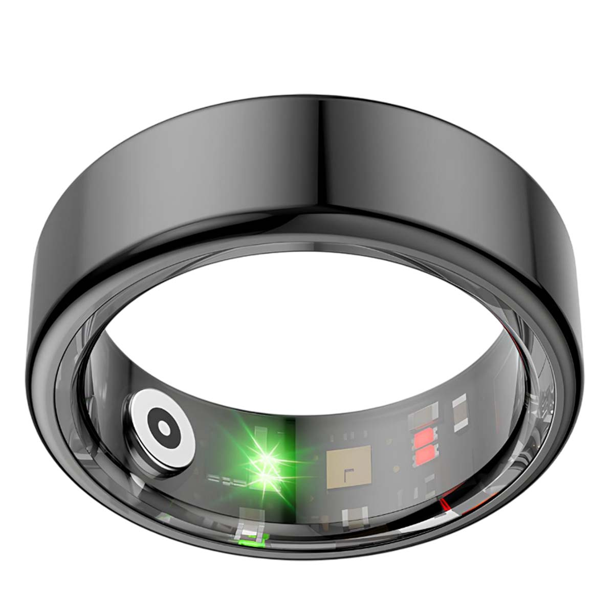 Nahaufnahme eines intelligenten Rings. Der Ring ist schwarz und hat ein klares Innenband mit Schaltkreisen und einem grünen Licht. Der Ring ist auf weißem Hintergrund.