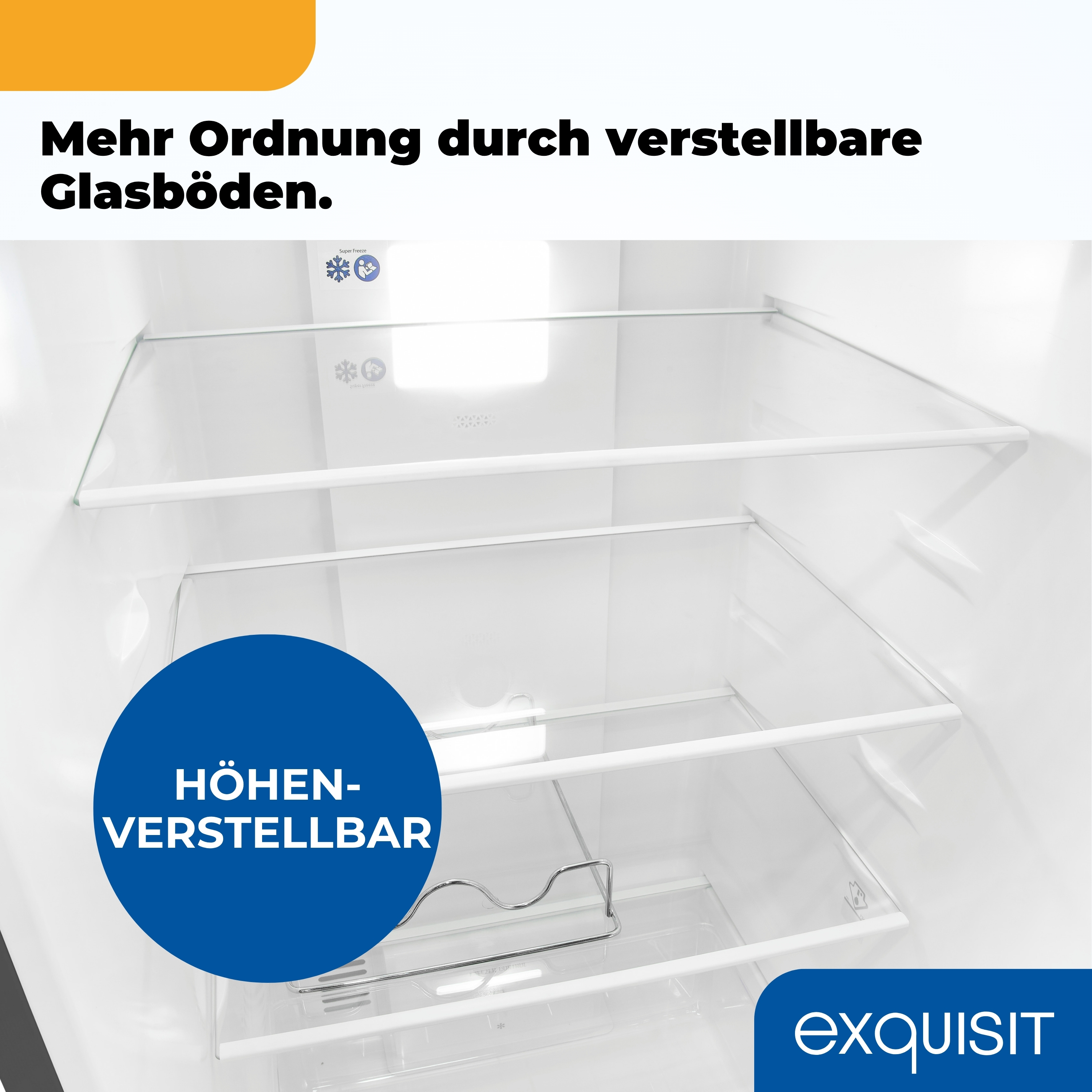 Innerhalb eines weißen Kühlschranks mit Glasböden. Ein blauer Kreis sagt 'Höhen-Verstellbar'. Der Markenname ist sichtbar.
