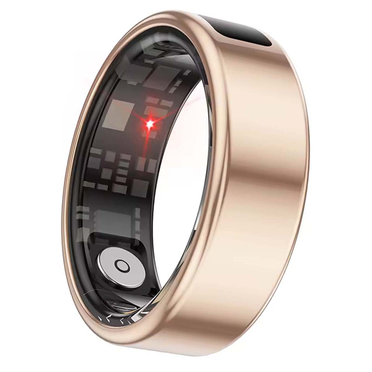 Ein roségoldener Smartring mit einem schwarzen Innendisplay, das ein rotes Licht und einen kleinen silbernen Kreis zeigt. Der Ring ist vor weißem Hintergrund.
