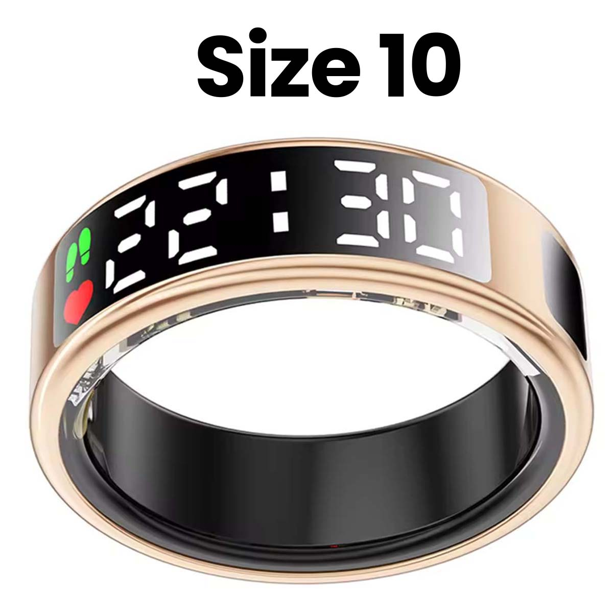 Ein smarter Ring mit digitaler Anzeige 22:30. Gold und schwarz, mit Herzfrequenz-Symbol und 'Size 10' darüber.