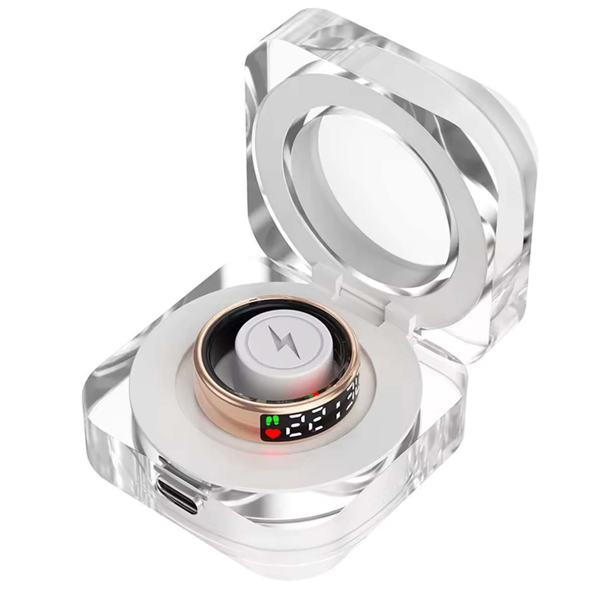 Ein durchsichtiges Ladeetui beherbergt einen goldenen Ring mit digitaler Anzeige. Der Ring zeigt Batterie- und Herzfrequenz-Indikatoren. Ein Blitz ist innen.