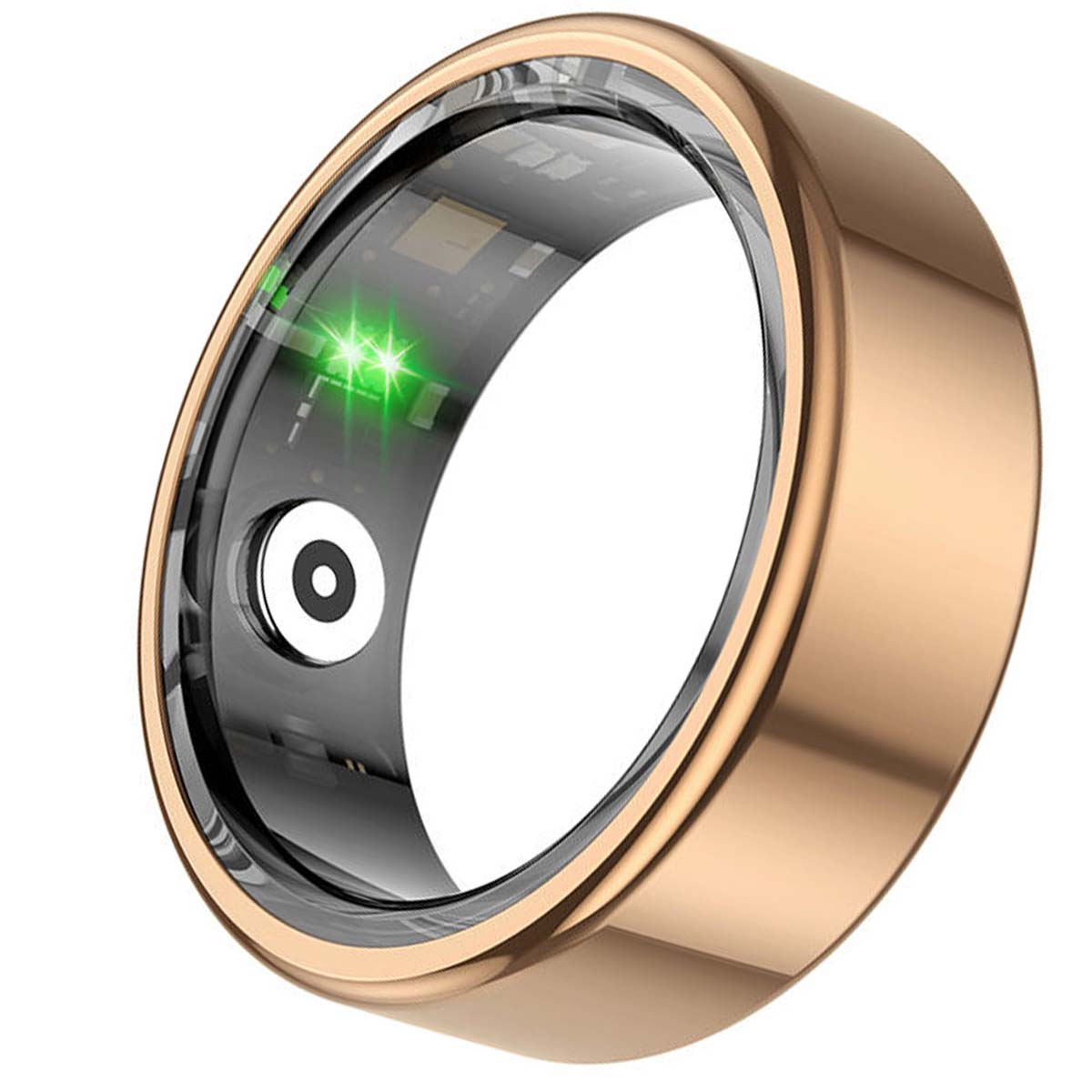 Ein roségoldener Smartring mit transparentem Innenteil. Er hat ein grünes Licht und einen kleinen kreisförmigen Sensor.