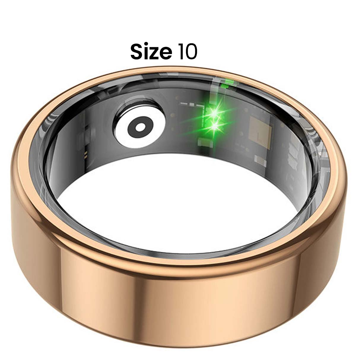 Ein roségoldener Smartring mit dem Text 'Size 10' oben. Der Ring hat ein schwarzes Innere mit einem weißen Kreis und grünen Lichtern.