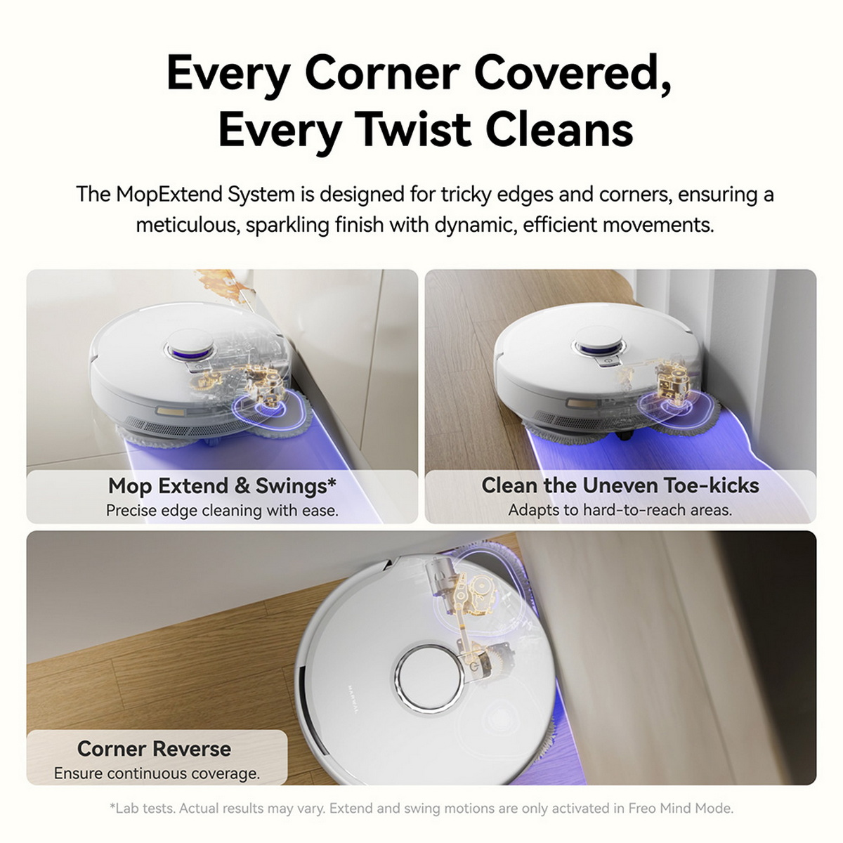 Obraz przedstawia robota odkurzającego czyszczącego podłogi. Pokazuje różne tryby i technologie czyszczenia, aby dotrzeć do narożników i krawędzi.