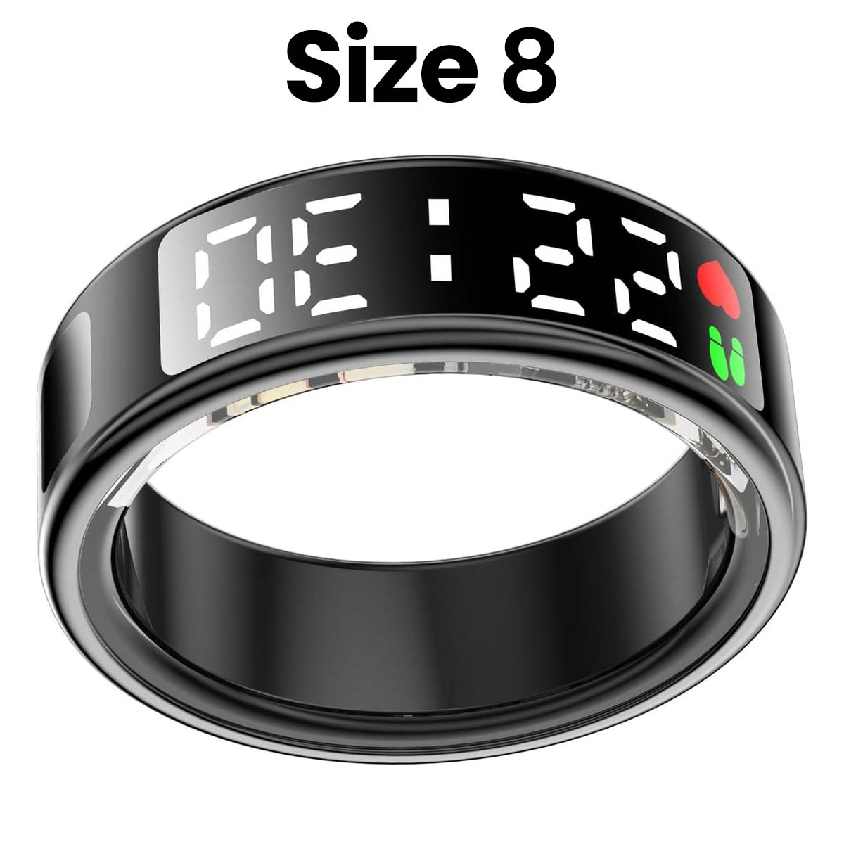 Un anello intelligente nero con display digitale che mostra '06:22'. L'anello ha un bordo argentato, un cuore e un'icona verde.