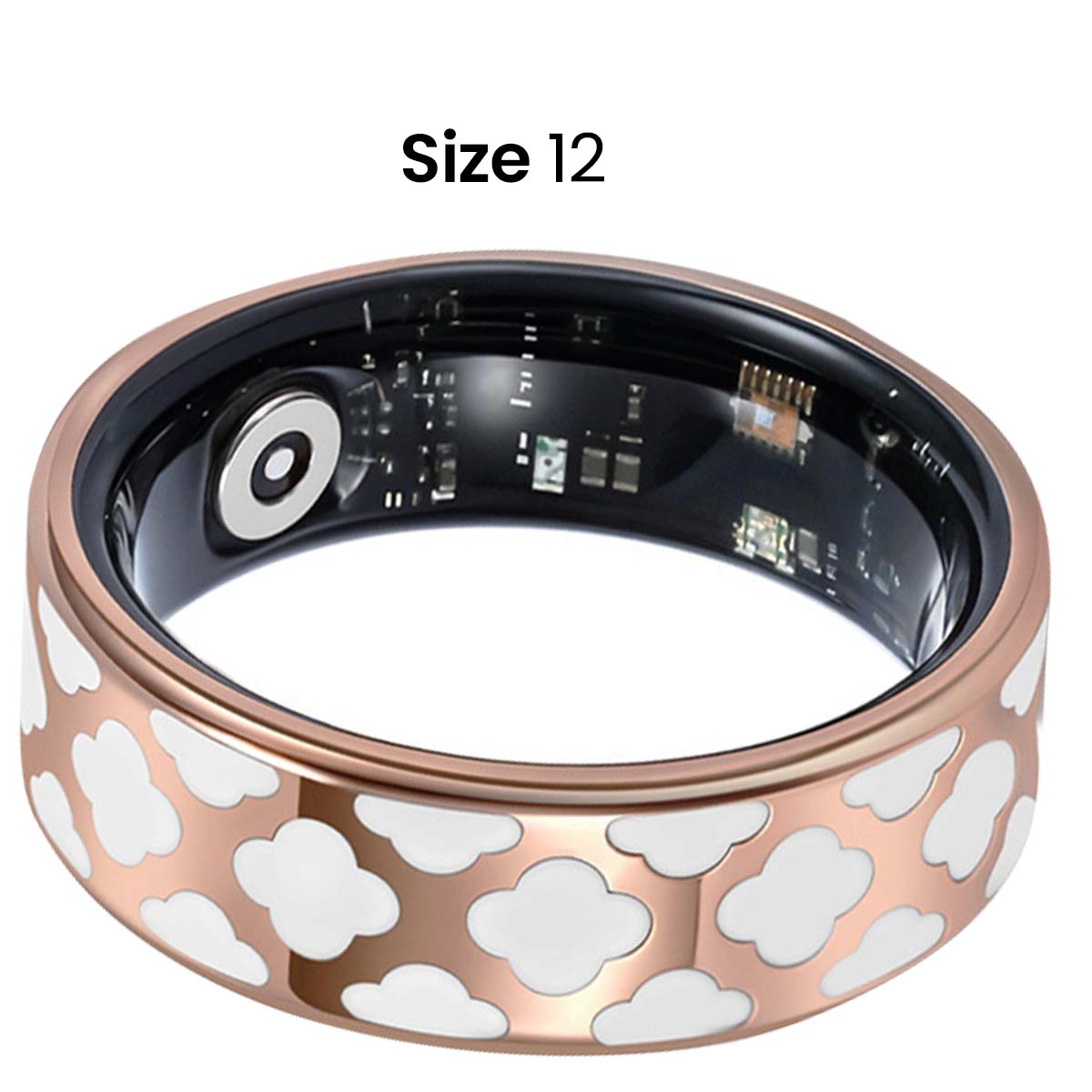 Ein roségoldener Ring mit weißen wolkenartigen Formen. Innen ein schwarzes Band mit elektronischen Komponenten. Größe 12 steht oben.