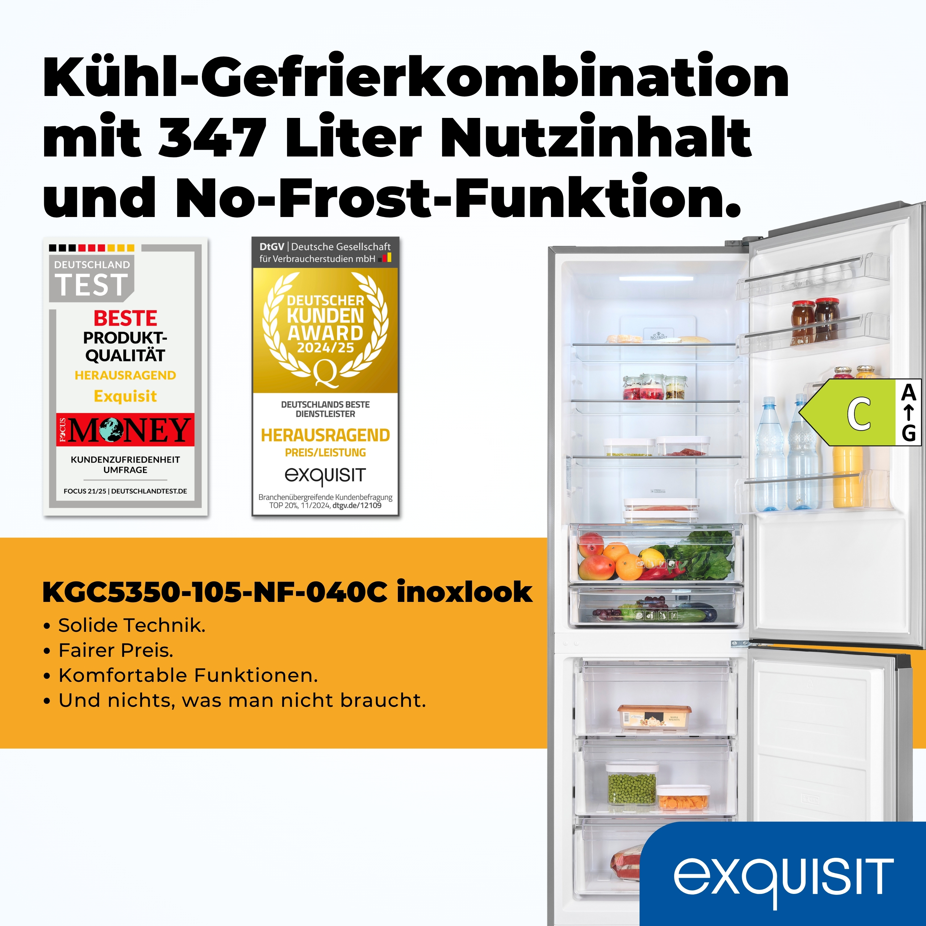 Offener Kühlschrank mit Lebensmitteln, Energielabel und Auszeichnungen. Text: Kühl-Gefrierkombination, Exquisit.