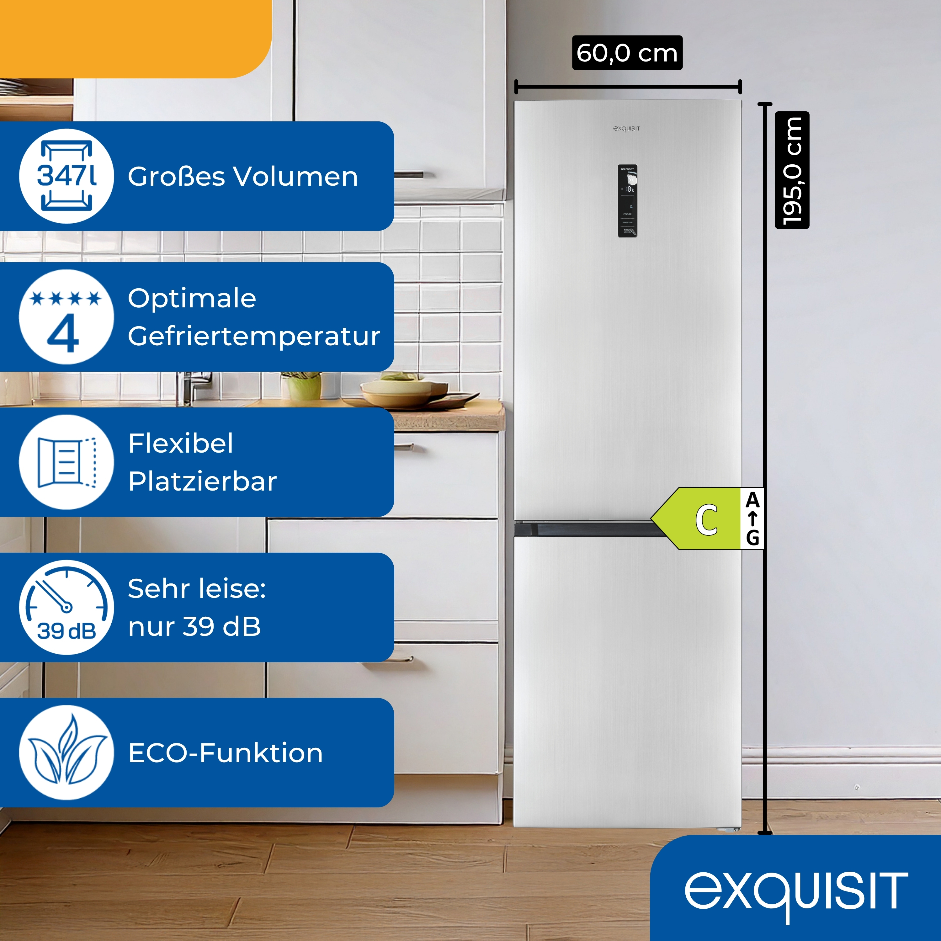 Ein weißer Exquisit-Kühlschrank wird vor einer weißen Wand gezeigt. Abmessungen sind angegeben und Funktionen hervorgehoben.