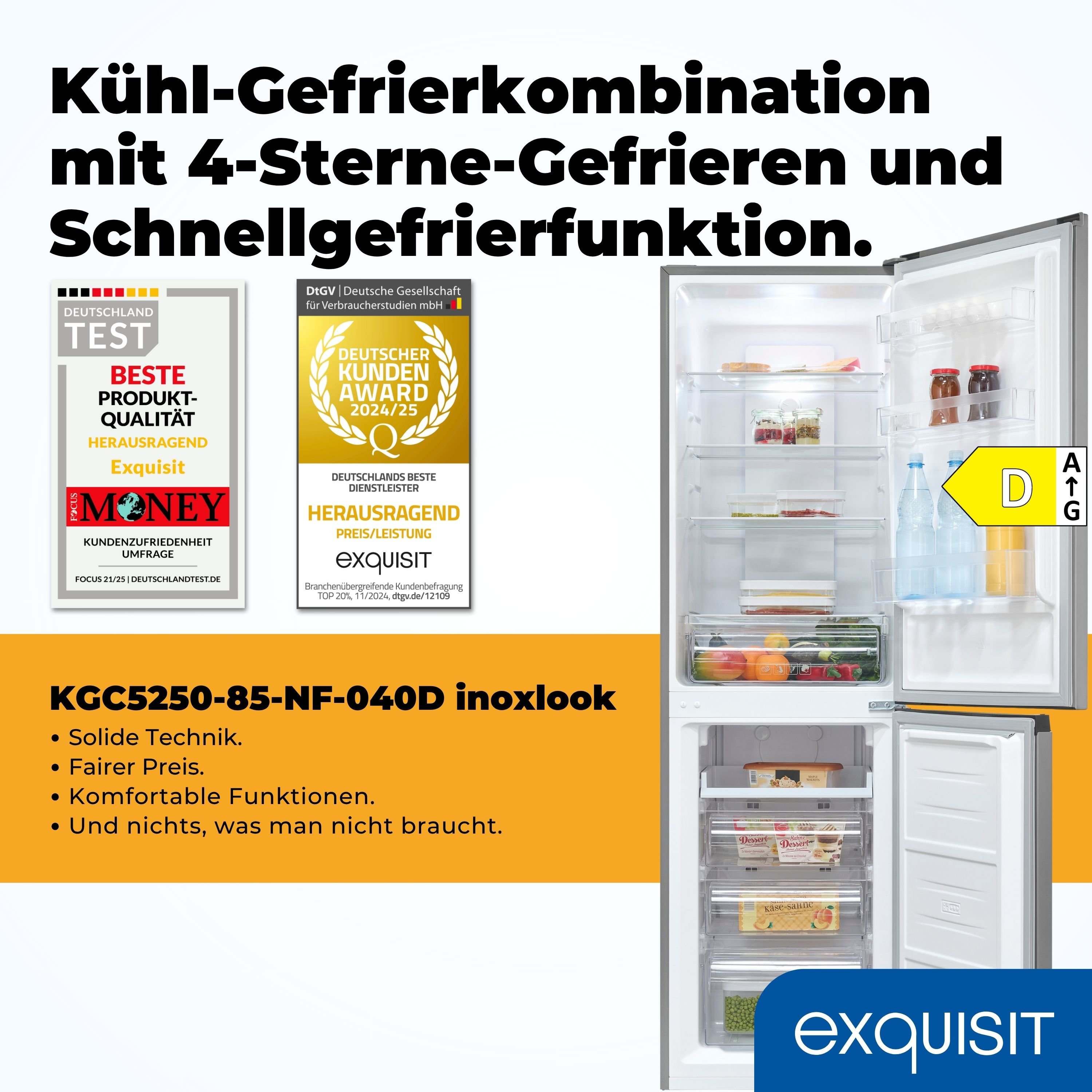Offener Kühlschrank, der Regale mit Lebensmitteln zeigt. Auszeichnungen links. Energielabel rechts.