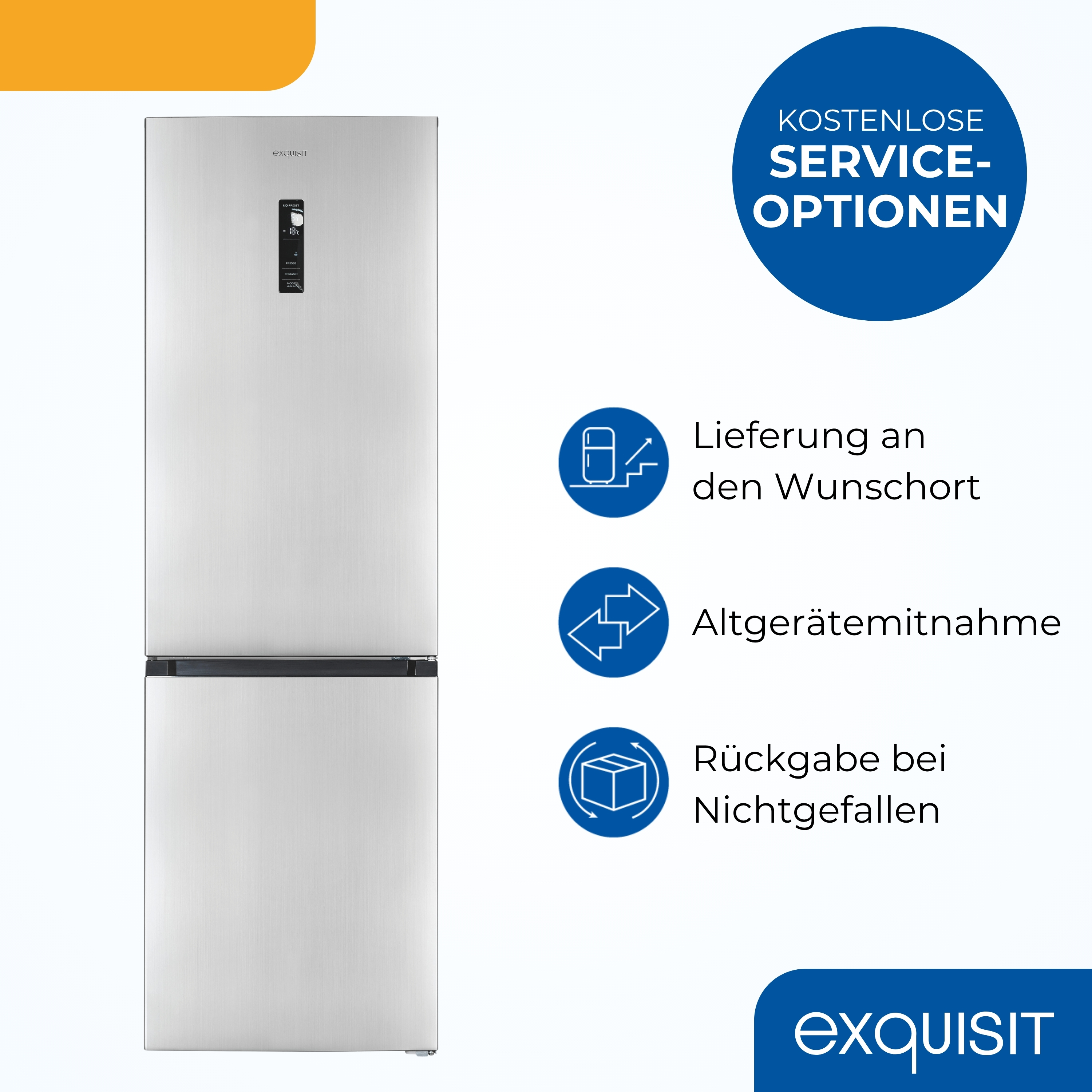 Ein silberner Kühlschrank mit dem Markennamen Exquisit und Serviceoptionen. Er hat ein Gefrierfach unten und einen Kühlschrank oben.