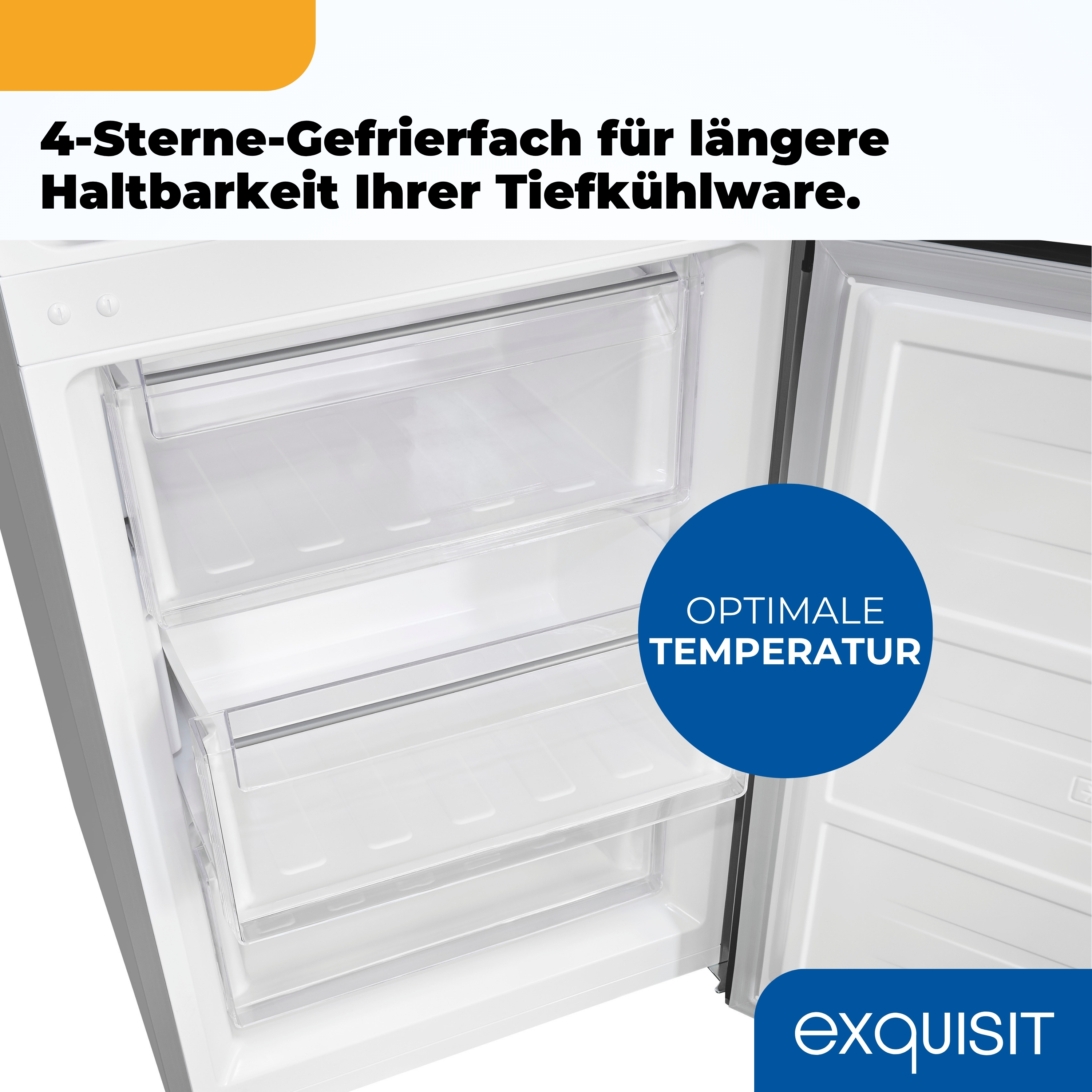 Ein weißer Gefrierschrank, offen mit transparenten Schubladen. Ein blauer Kreis mit Text: 'OPTIMALE TEMPERATUR'. Marke 'exquisit'.