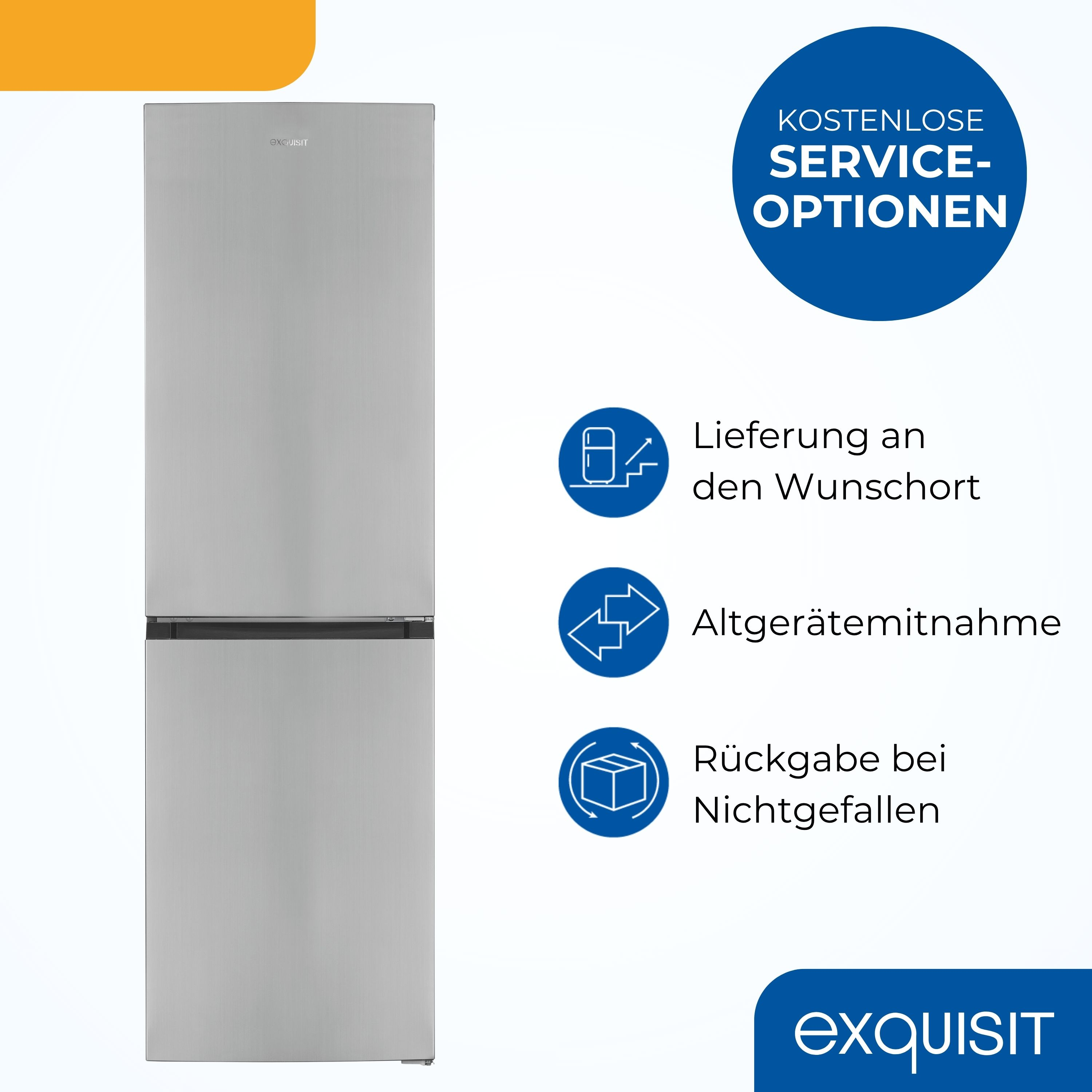 Ein silberner Exquisit-Kühlschrank. Er hat einen oberen und einen unteren Abschnitt. Serviceoptionen umfassen Lieferung, Altgeräterückgabe.
