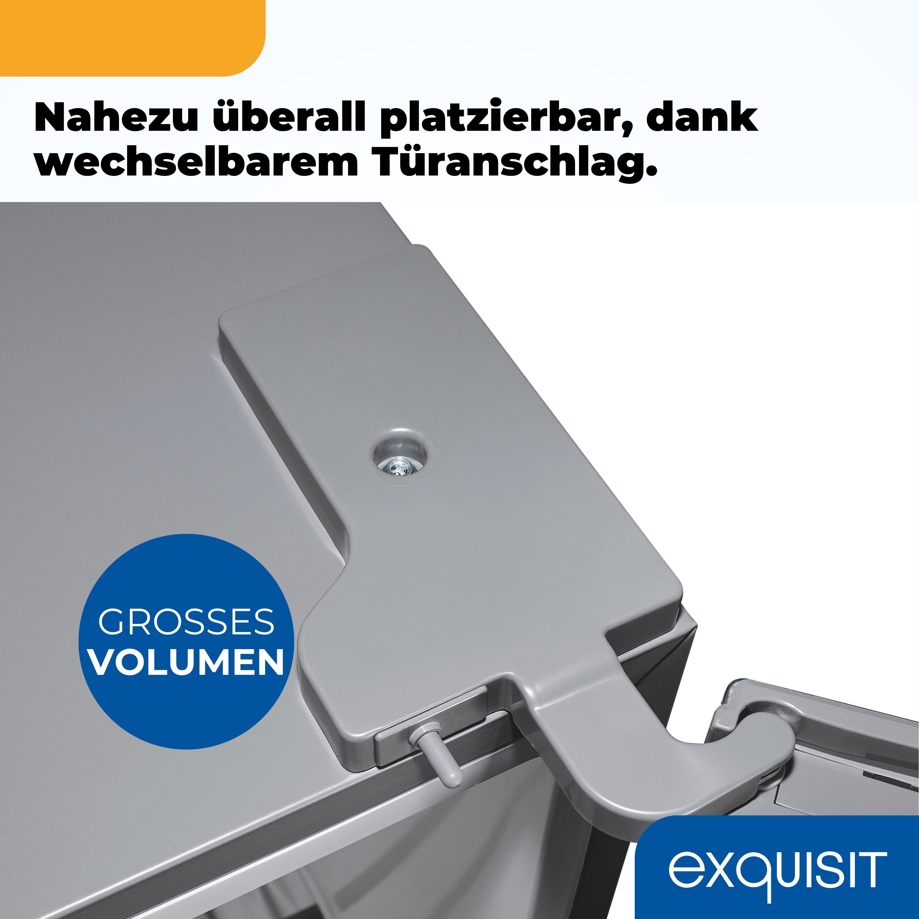 Nahaufnahme einer Kühlschranktür mit Griff. Ein blauer Kreis zeigt 'GROSSES VOLUMEN'. Die Marke 'exquisit' ist sichtbar.