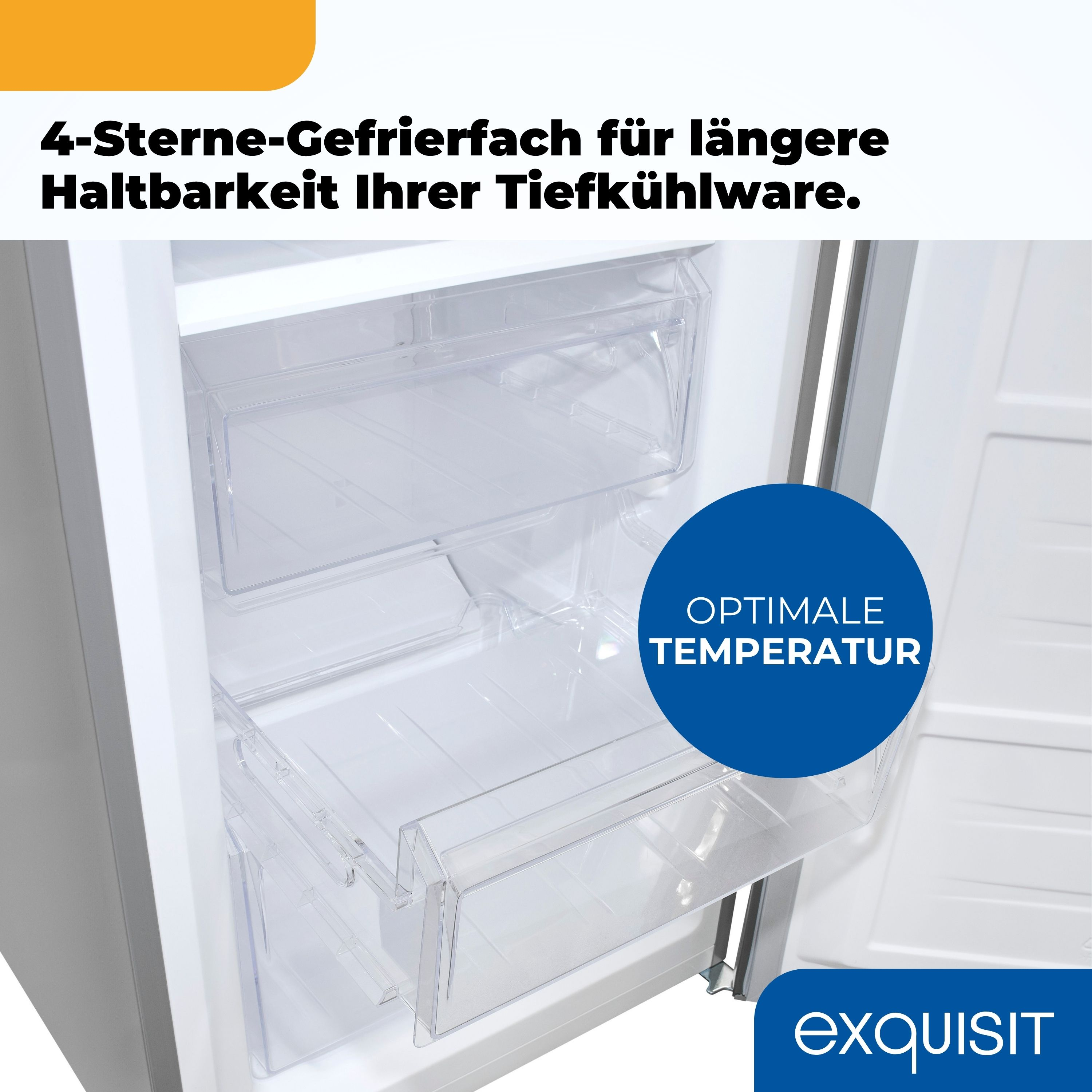 Offener Kühlschrank mit transparenten Schubladen. Ein blauer Kreis sagt 'OPTIMALE TEMPERATUR'. Die Marke ist 'exquisit'.