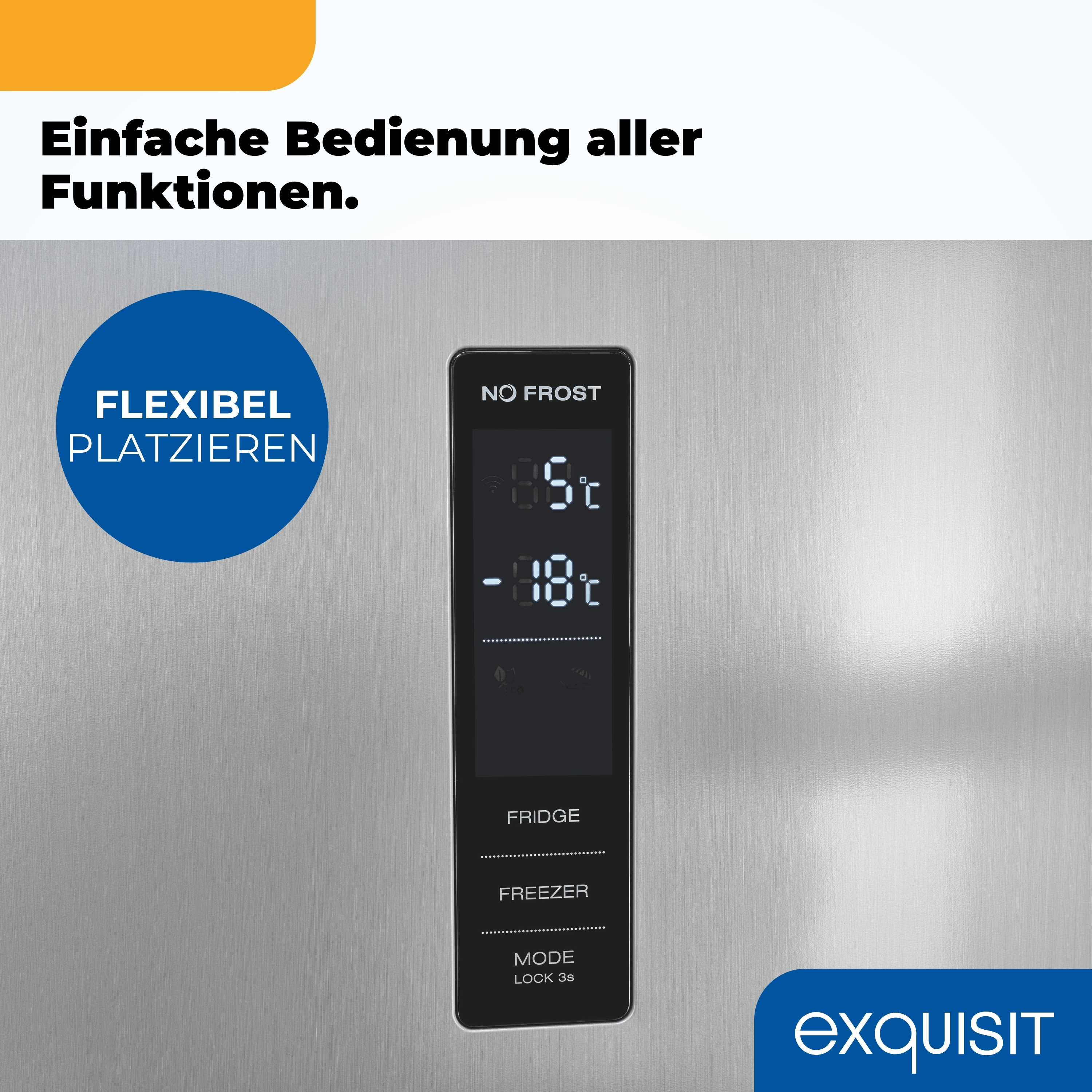 Kühlschranktür mit Digitalanzeige der Temperaturen. Blauer Kreis mit weißem Text und Markenlogo.