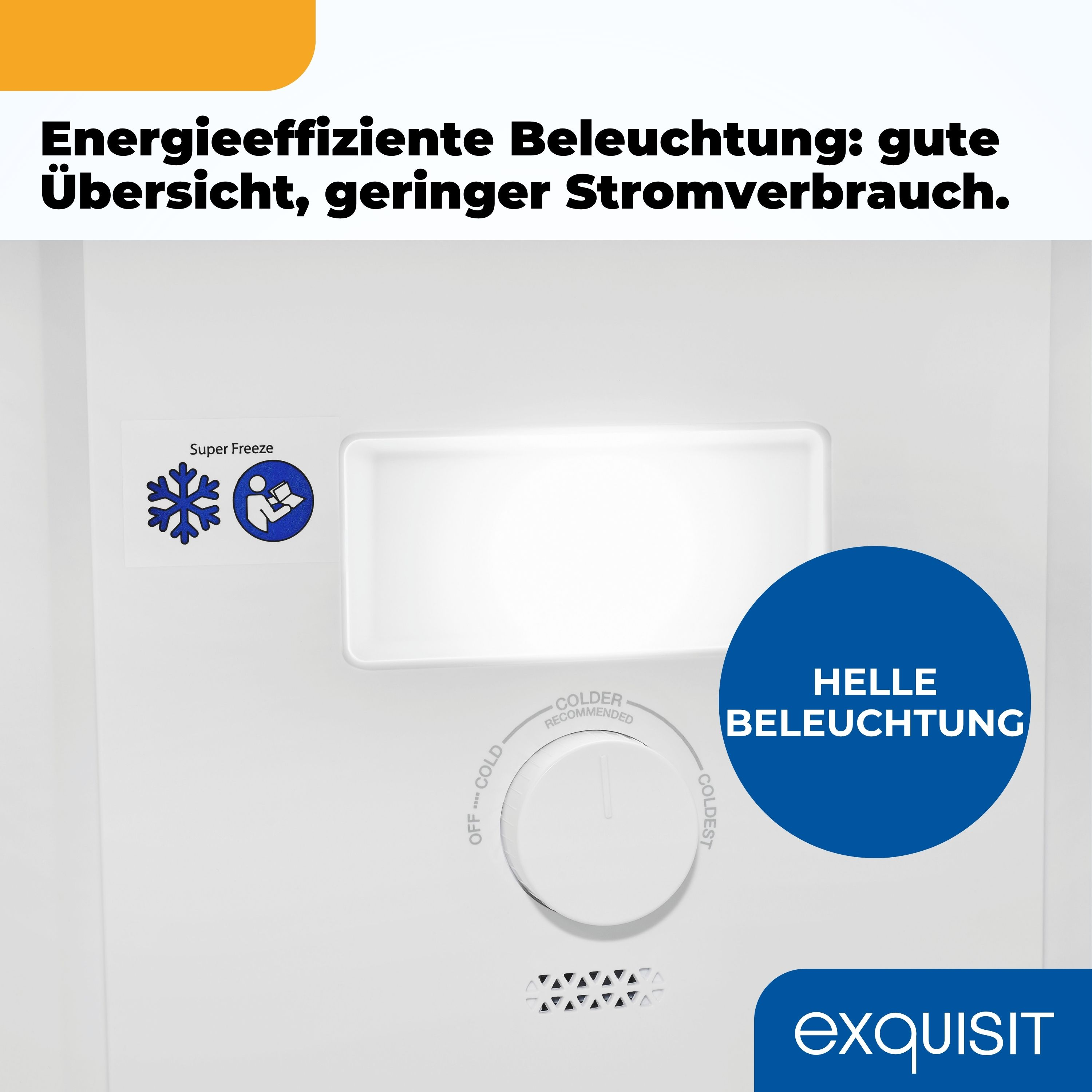 Kühlschrankinnenraum mit Bedienelementen, blauem Kreis, Schneeflocken-Symbol und Text. Weißer Hintergrund und oberer orangefarbener Balken.