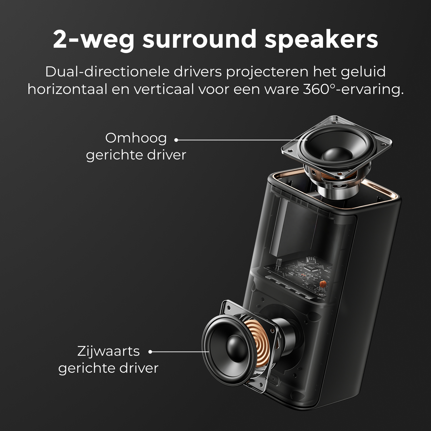 A 2-way surround speaker is shown. It has two drivers, one facing up and the other sideways. The text describes the speakers.