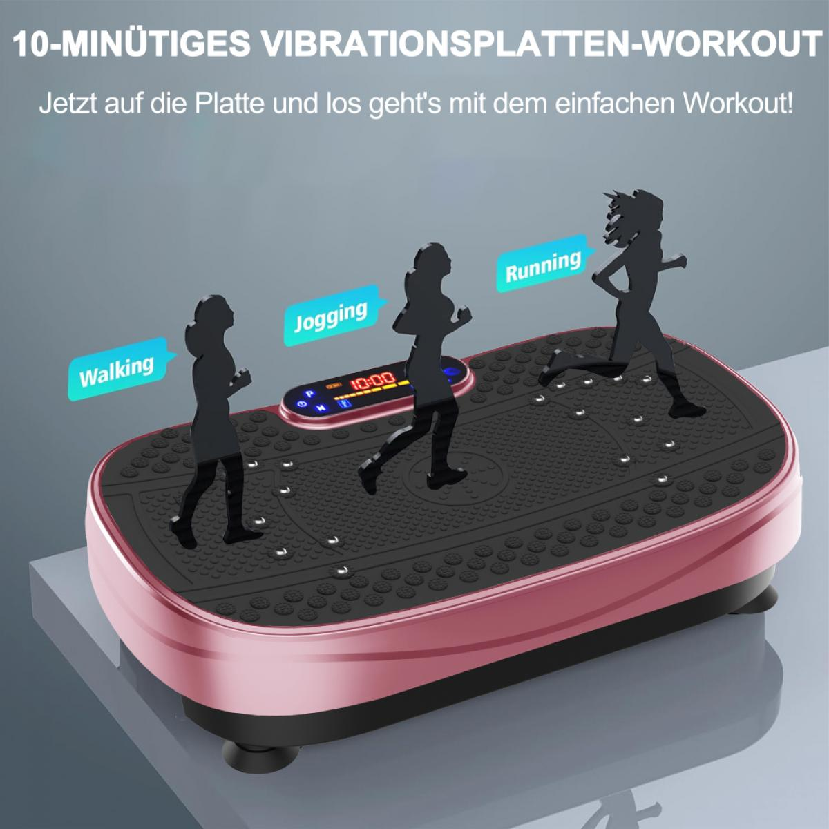 Das Bild zeigt eine Vibrationsplatte mit Silhouetten, die Gehen, Joggen und Laufen demonstrieren. Die Platte zeigt einen Timer.