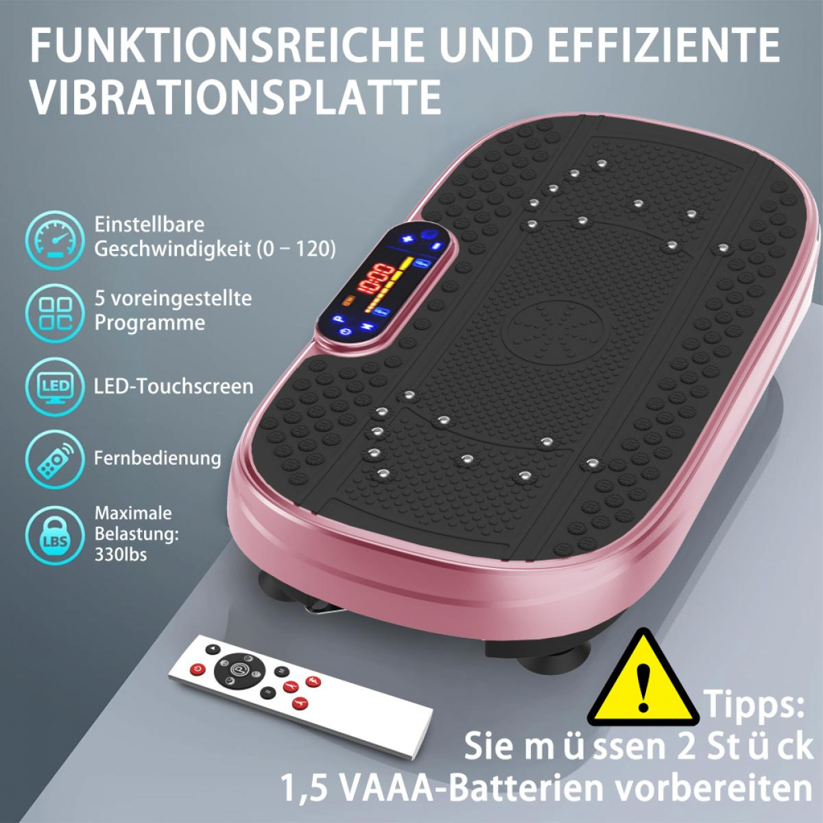 Rosa Vibrationsplatte mit Fernbedienung und Display. Text umfasst Geschwindigkeit, Programme und max. Gewicht. Warnschild und Batterieinfo.
