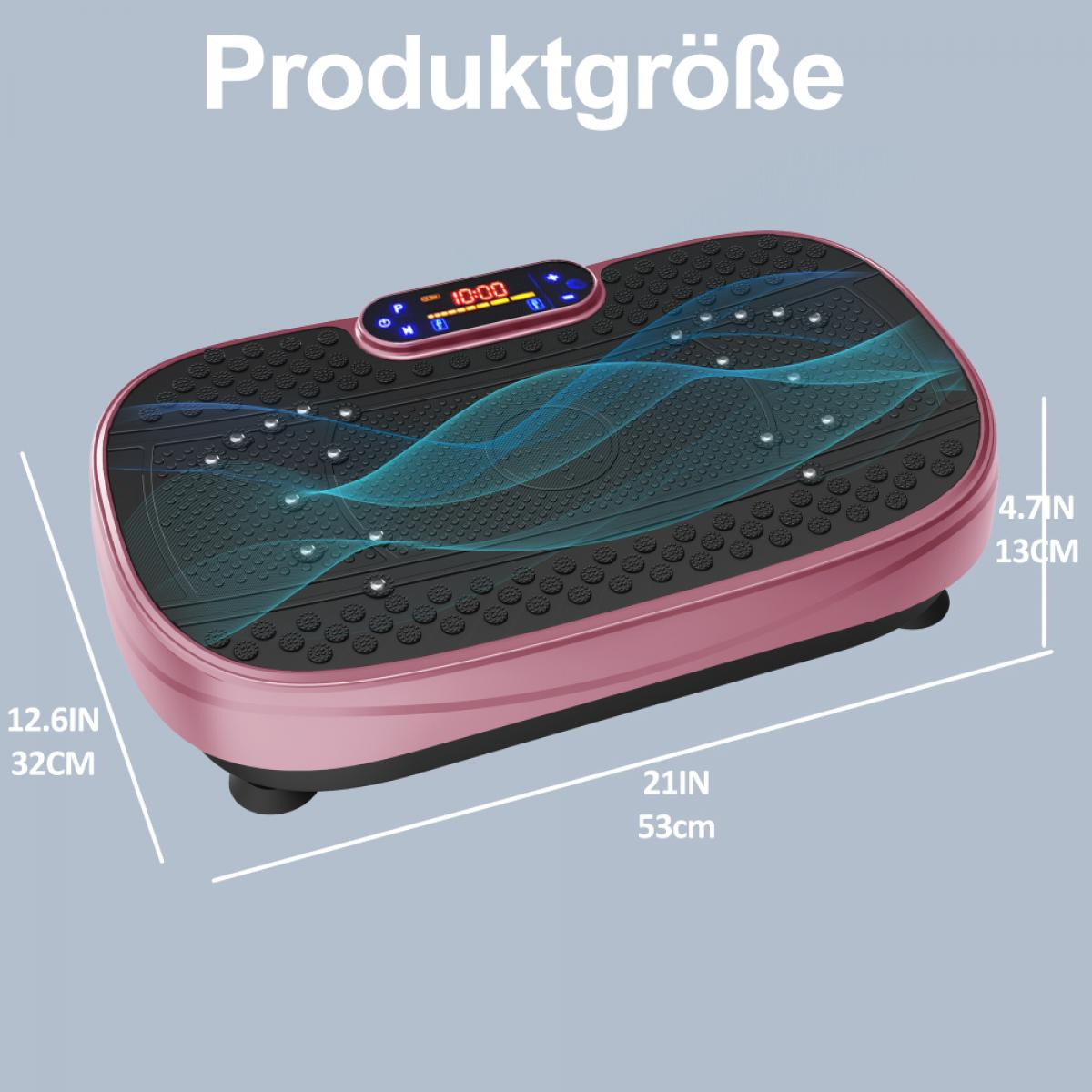 Rosa Vibrationsplatte mit schwarzer Oberfläche und digitaler Anzeige. Maße: 21 Zoll x 12,6 Zoll x 4,7 Zoll. Text: Produktgröße.