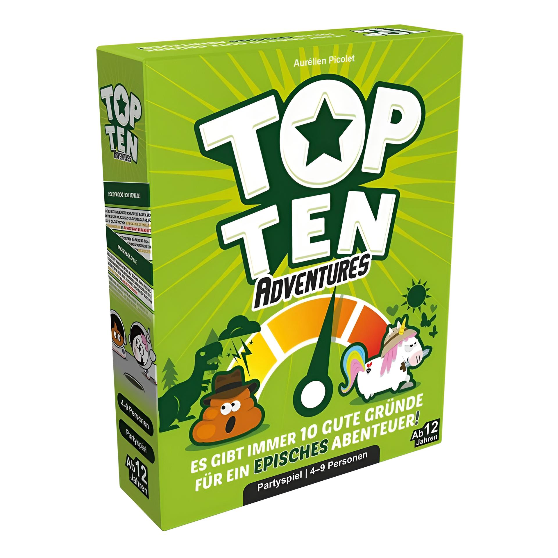 Eine grüne Spielbox mit 'TOP TEN ADVENTURES' in Weiß, Cartoon-Bilder von Dinosaurier, Kot und Einhorn.
