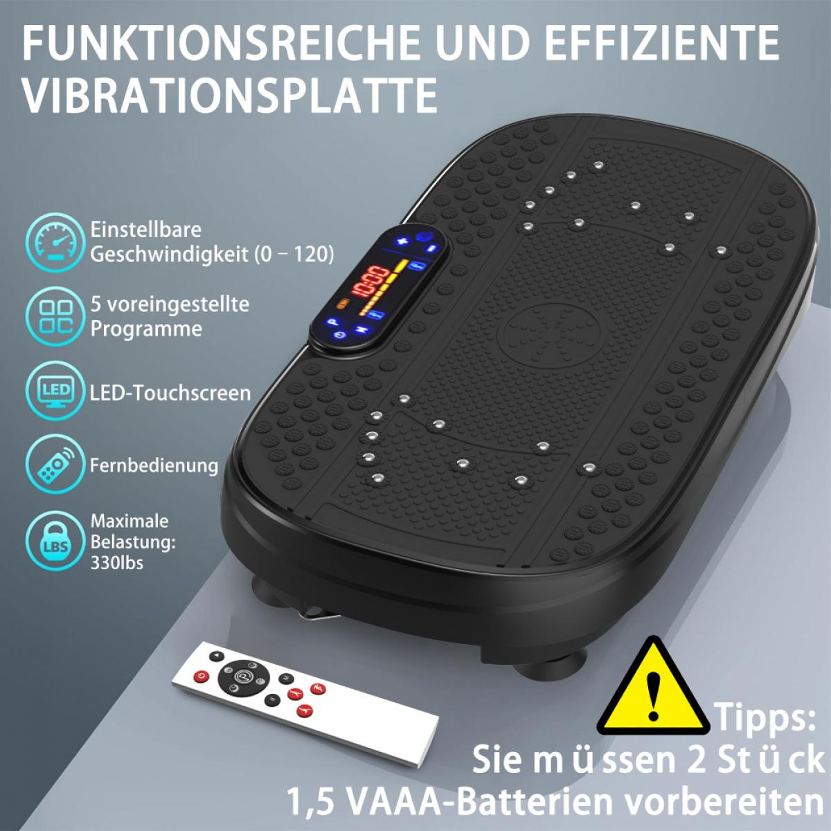 Schwarze Vibrationsplatte mit Fernbedienung und Display. Text enthält Geschwindigkeit, Programme und max. Gewicht. Benötigt Batterien.