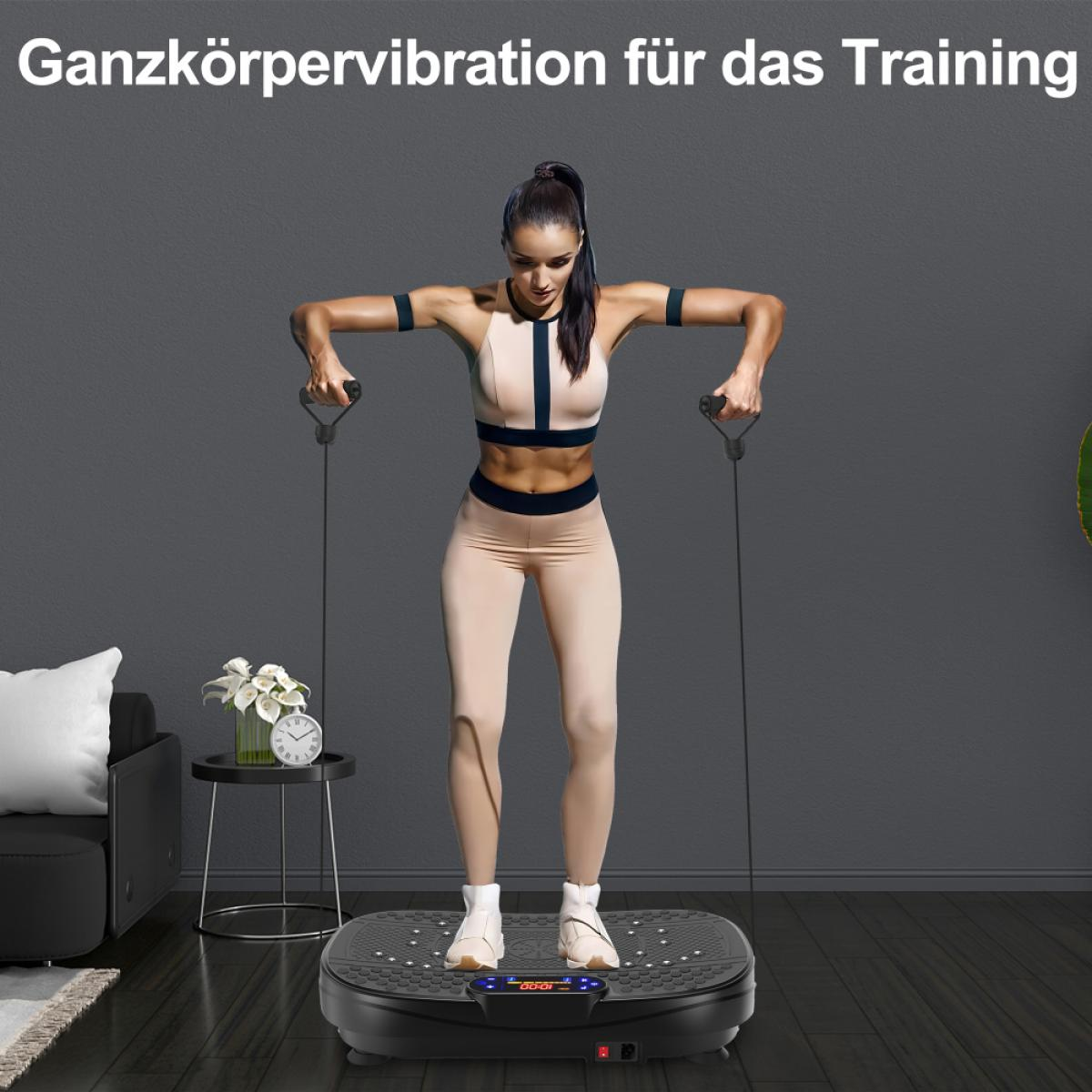 Eine Frau trainiert auf einer Vibrationsplatte und hält Griffe. Sie trägt Sportkleidung. Oben steht 'Ganzkörpervibration für das Training'.