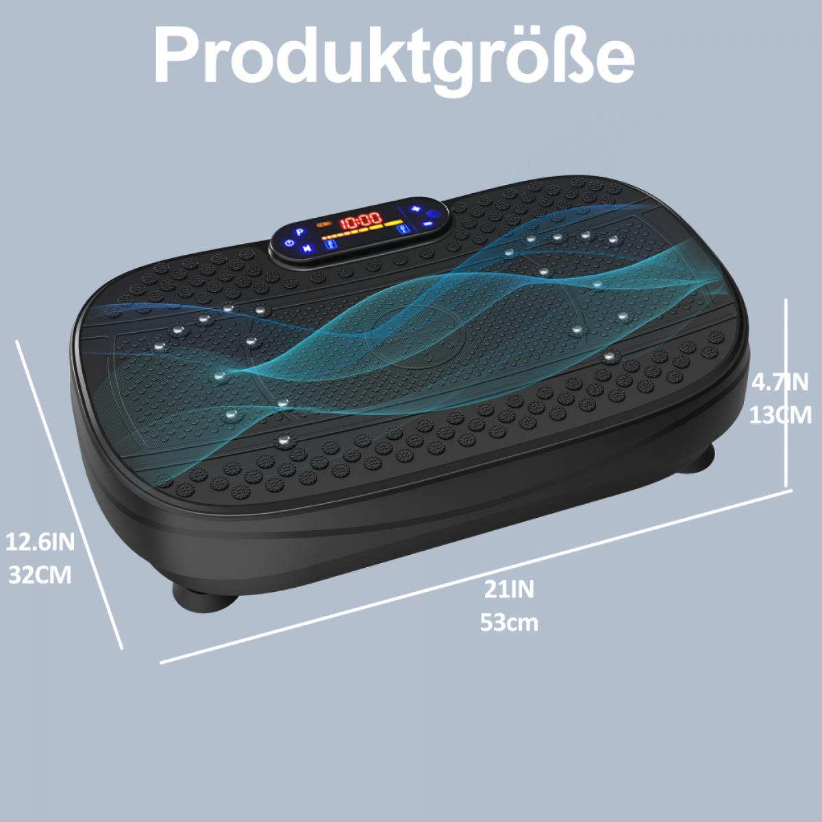 Eine schwarze Vibrationsplatte mit Maßangaben. Eine Digitalanzeige zeigt die Zeit. Der Text 'Produktgroße' steht oben.