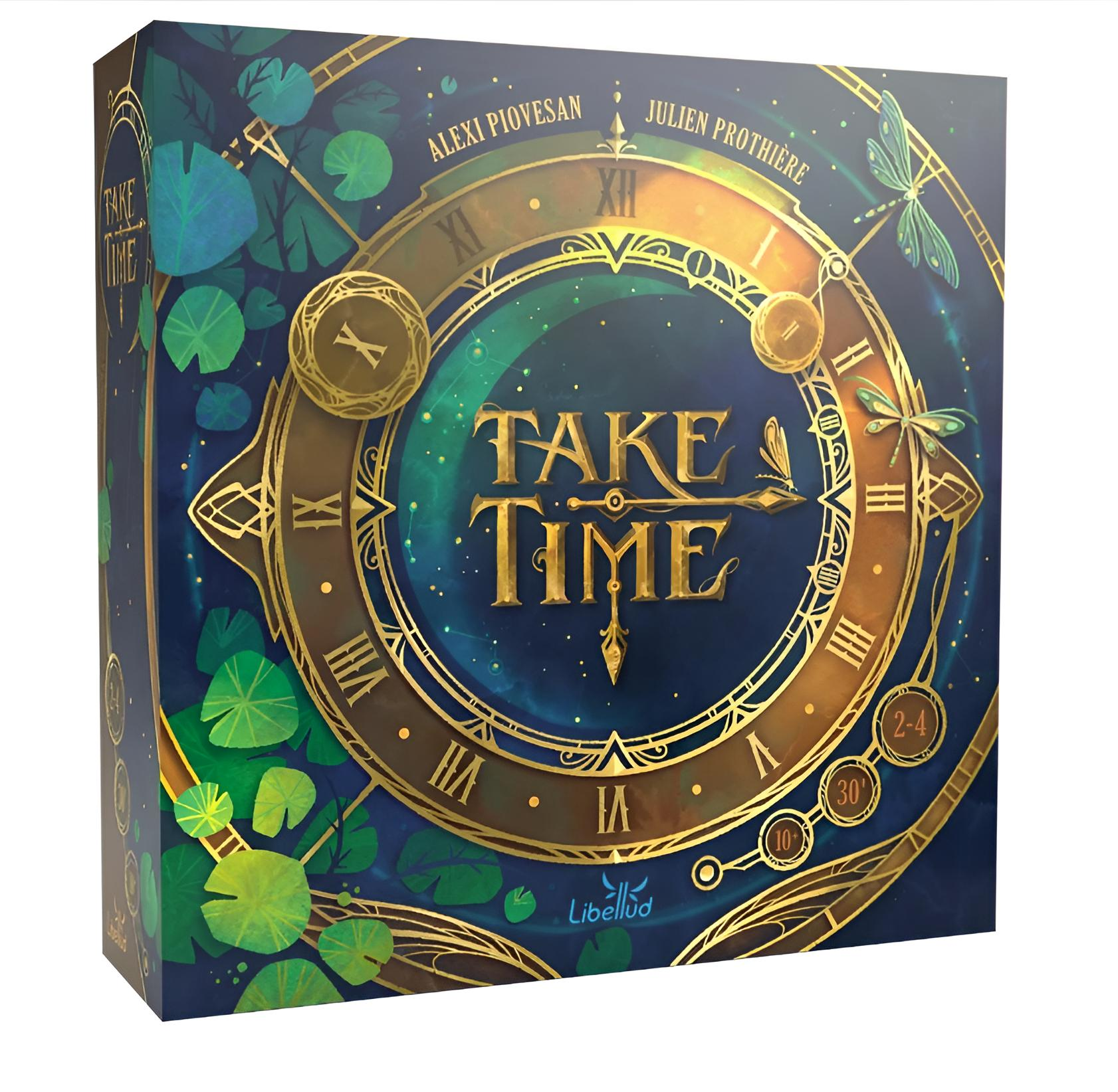 Spielbox mit Zifferblattdesign. Titel lautet 'Take Time'. Mit Seerosen, römischen Ziffern und Libellen.