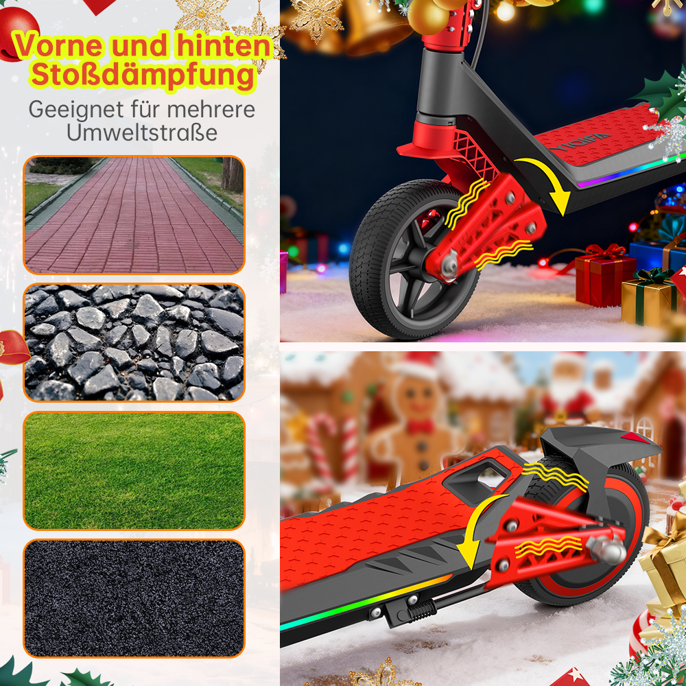 Gezeigt wird ein roter und schwarzer Elektroroller. Im Hintergrund gibt es Geschenke und ein Lebkuchenhaus.