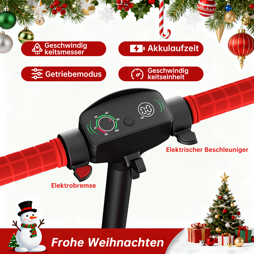 Ein Elektroroller mit roten Griffen und digitalem Display wird gezeigt. Weihnachtsdekorationen und ein Schneemann sind im Hintergrund. Der Text lautet 'Frohe Weihnachten'.