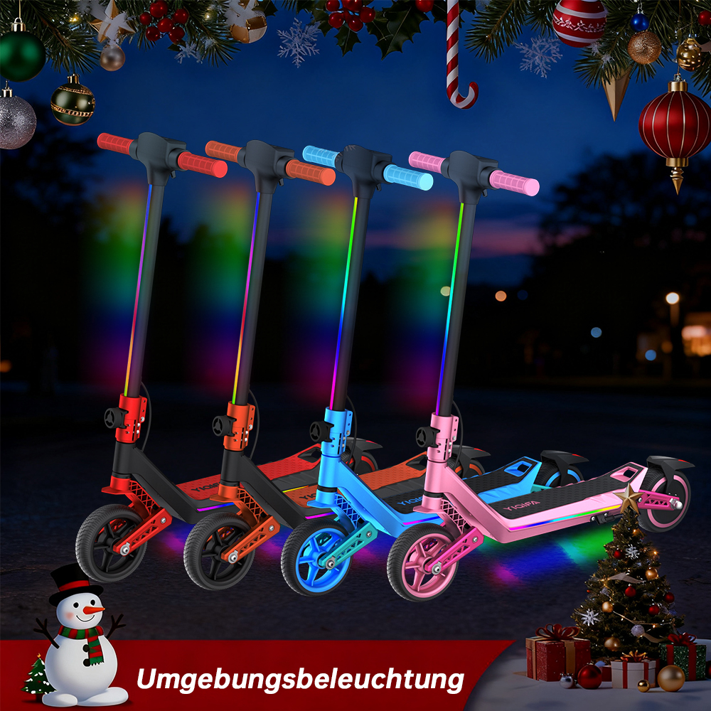 Vier bunte LED-Roller werden vor einem Weihnachtshintergrund mit einem Schneemann und einem Baum mit Geschenken gezeigt.