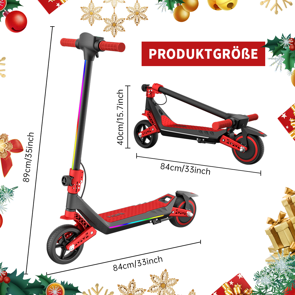 Drei Elektro-Roller, schwarz und rot, mit Größenangaben. Weihnachtsdekorationen umgeben die Roller.