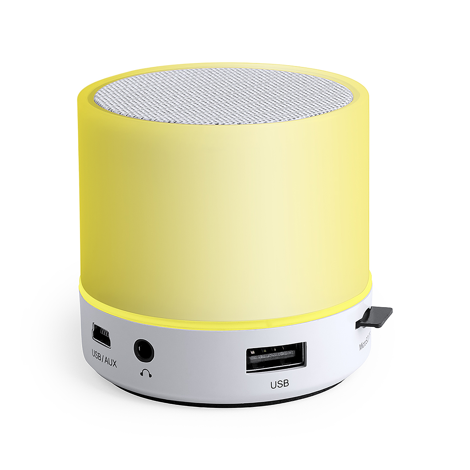 Un altoparlante giallo e bianco con porte USB, AUX e MicroSD. La parte superiore ha una copertura a rete.