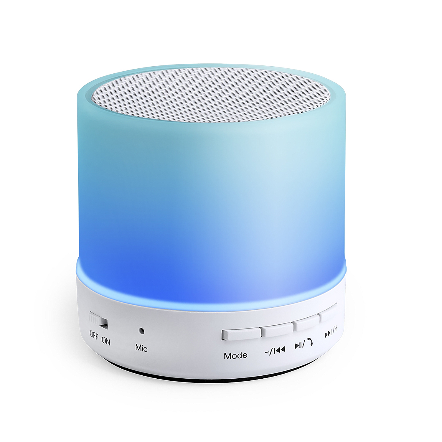 Altoparlante Bluetooth cilindrico con base bianca e corpo sfumato blu. Ha pulsanti e una parte superiore in rete.