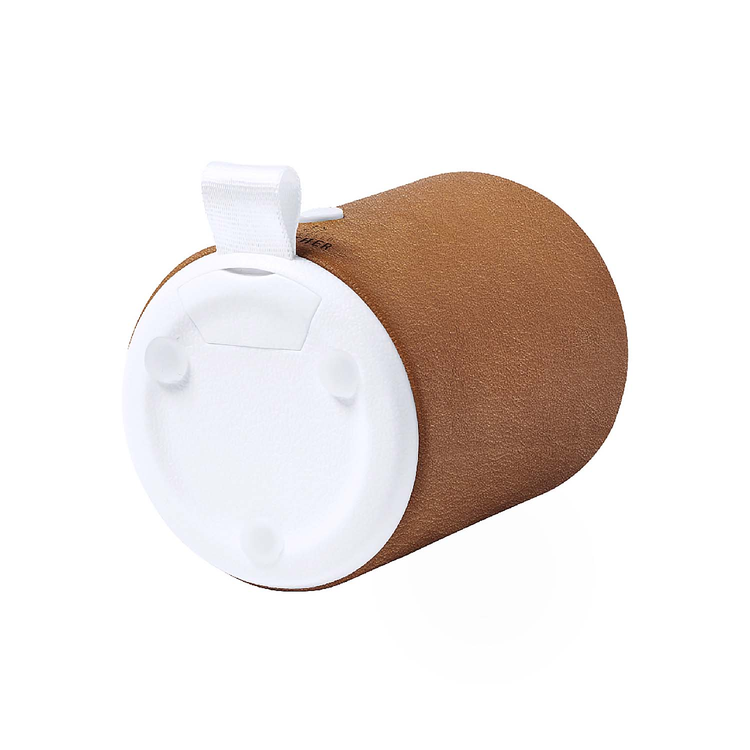 Un oggetto cilindrico marrone con base bianca e cinturino bianco. Tre piccoli piedini trasparenti sulla base.
