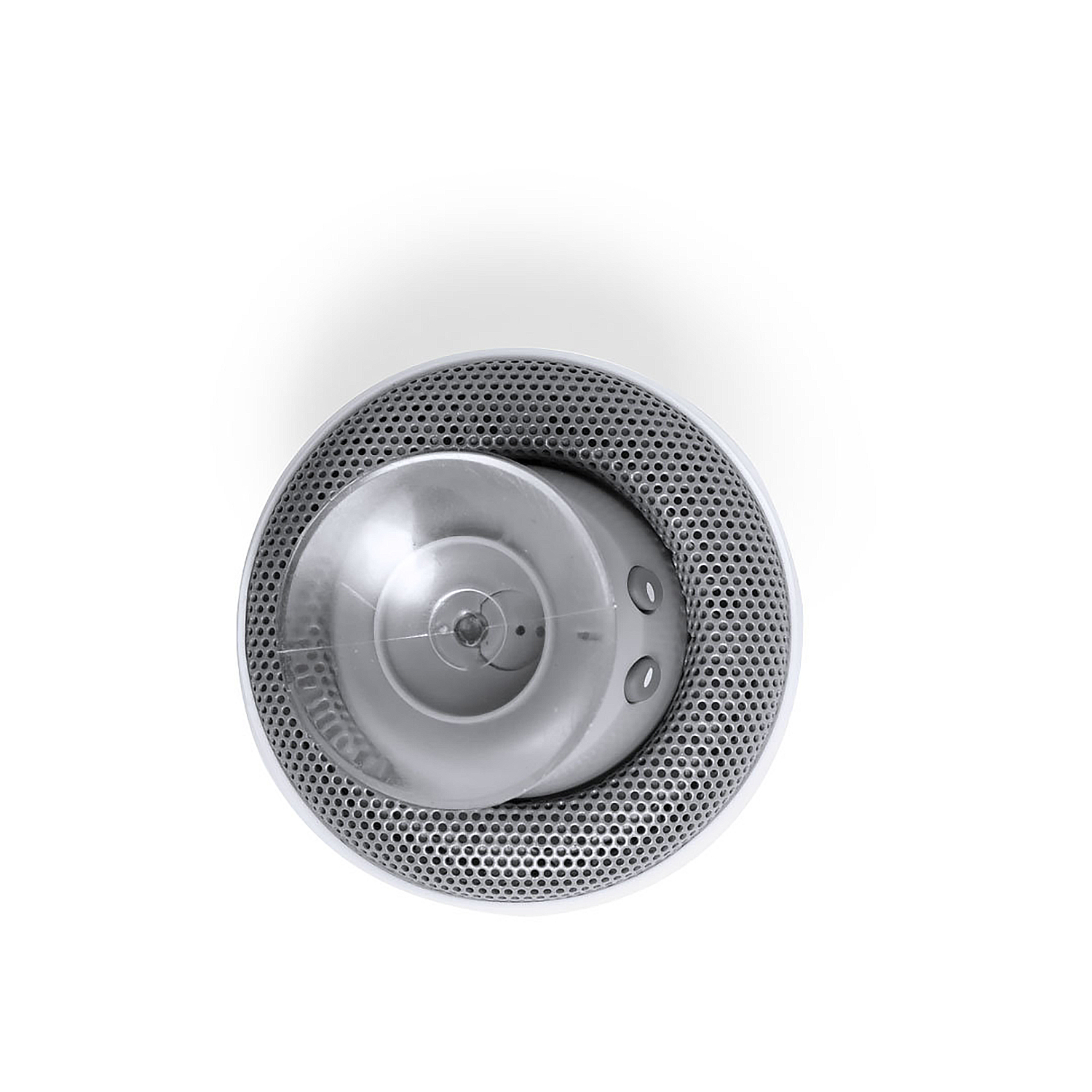 Vista dall'alto di un dispositivo grigio e bianco con un anello di metallo perforato. Sono visibili due pulsanti ovali e una cupola trasparente.