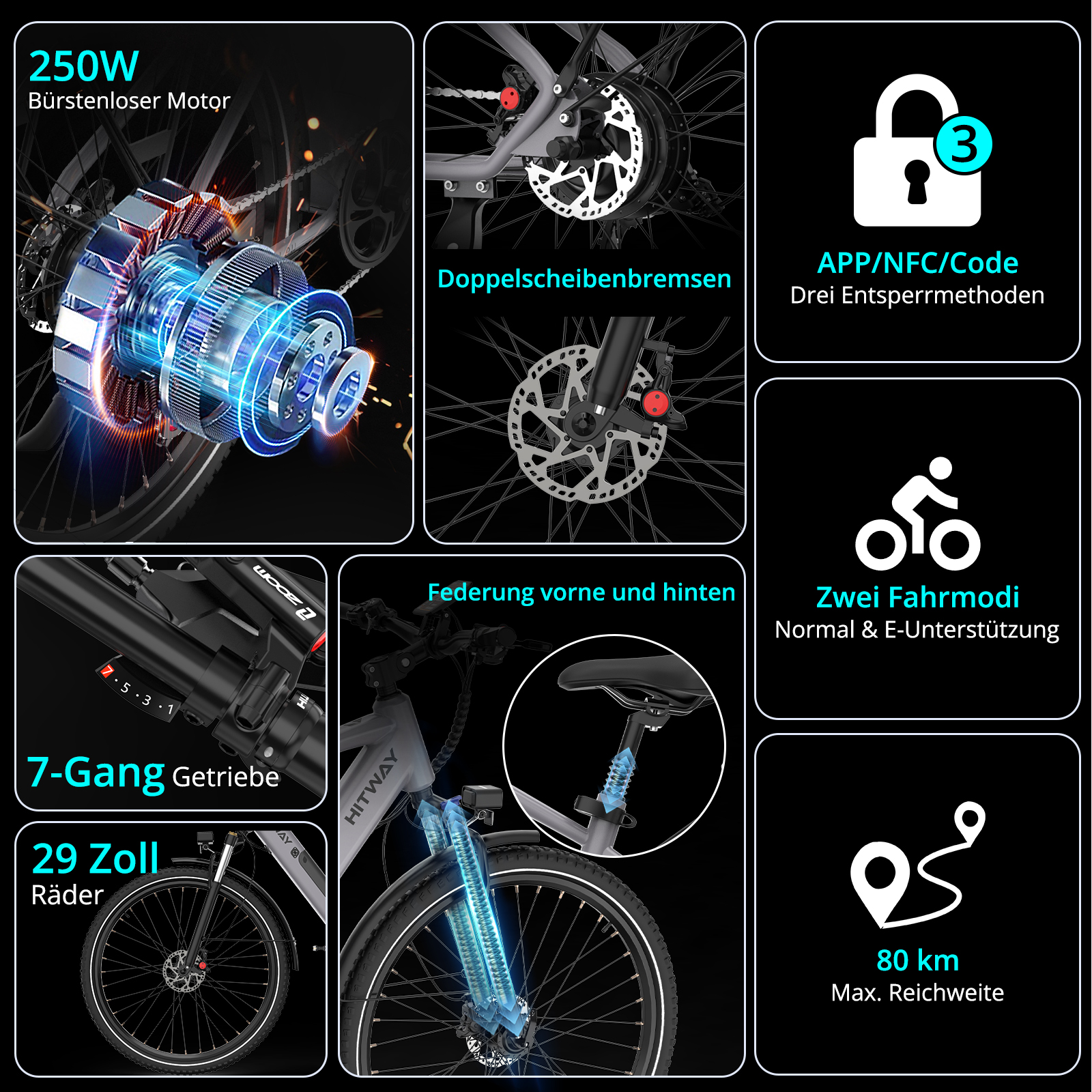 E-Bike mit Scheibenbremsen, Federung und 7-Gang-System. Zeigt Schloss-Symbol, 80 km Reichweite und weitere Details.