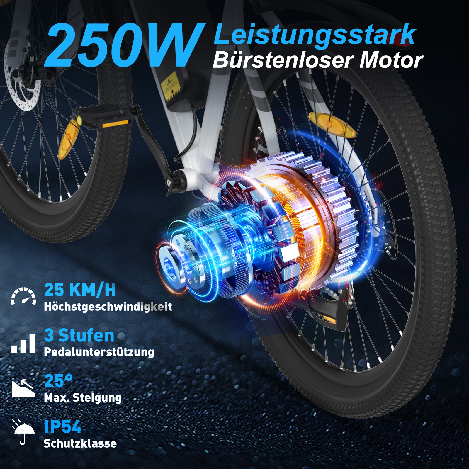 Ein Elektrofahrrad mit starkem Motor. Merkmale sind Geschwindigkeit, Pedalunterstützung und Neigungsdetails.