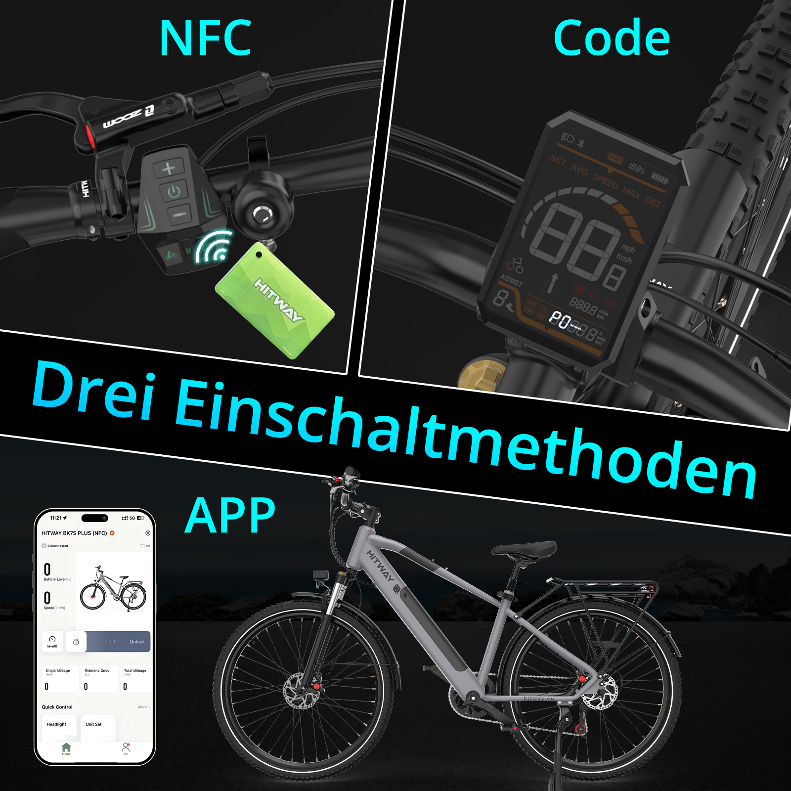 Ein Elektrofahrrad mit drei Aktivierungsmethoden: NFC, Code und App. Das Fahrrad ist grau und das Display zeigt die Geschwindigkeit.