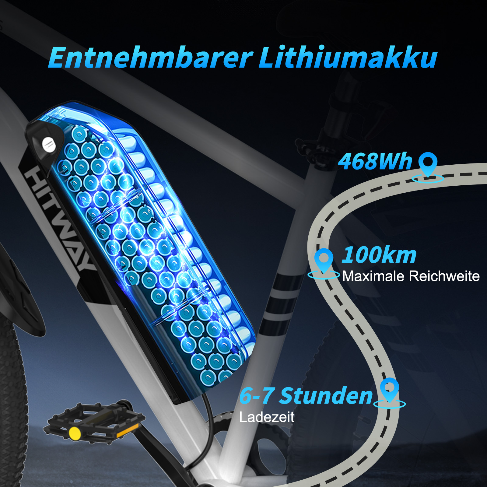 Ein E-Bike mit herausnehmbarem Lithium-Akku. Es zeigt Batterie-Spezifikationen, Reichweite und Ladezeit.