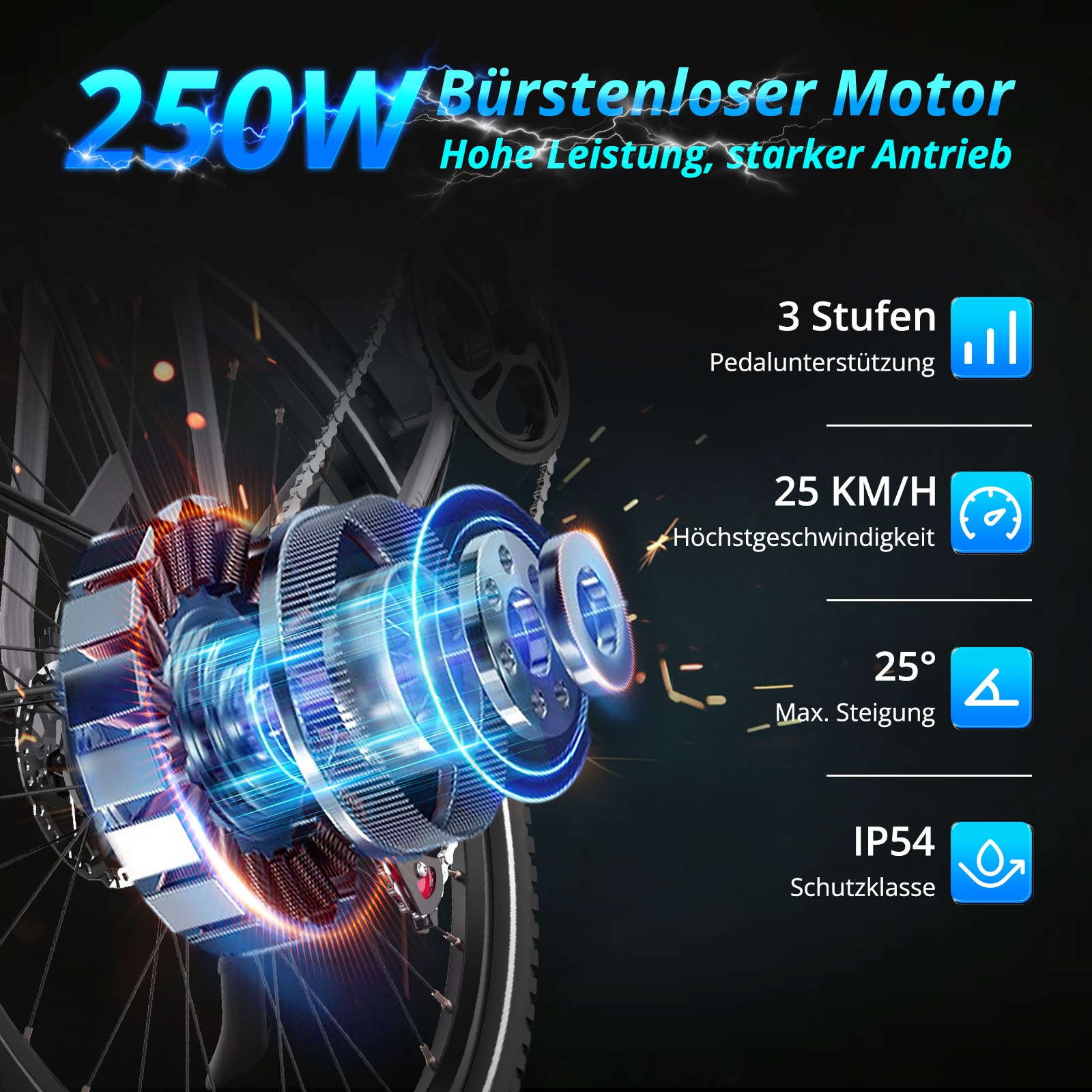 Das Bild zeigt einen E-Bike-Motor mit Spezifikationen: 250W, 25 km/h, 25° Steigung. Enthält Symbole für Tretunterstützung und IP54-Schutz.