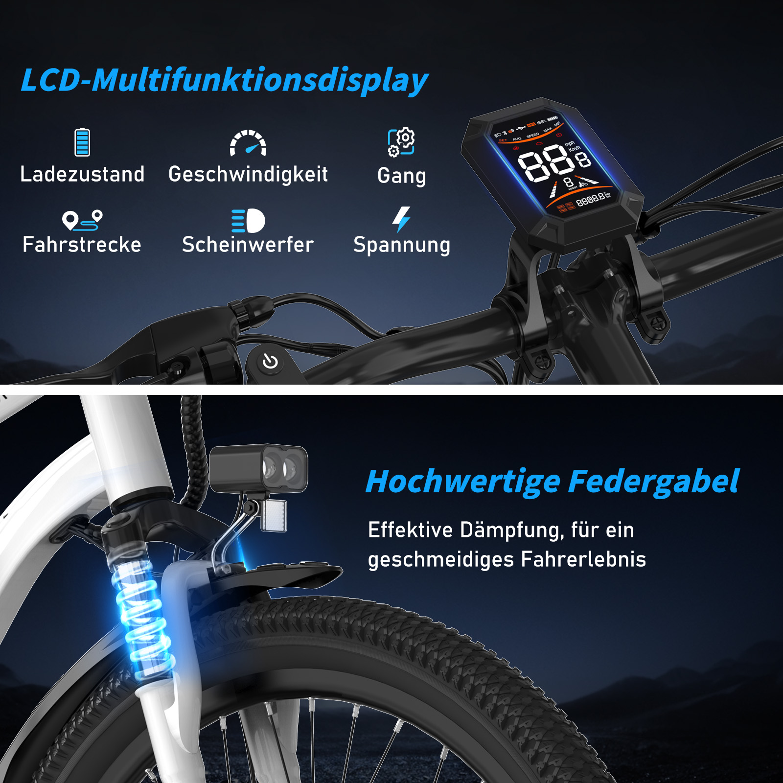 Ein E-Bike-Display zeigt Geschwindigkeit und Akku. Eine weiße Gabel mit blauer Feder ist sichtbar.