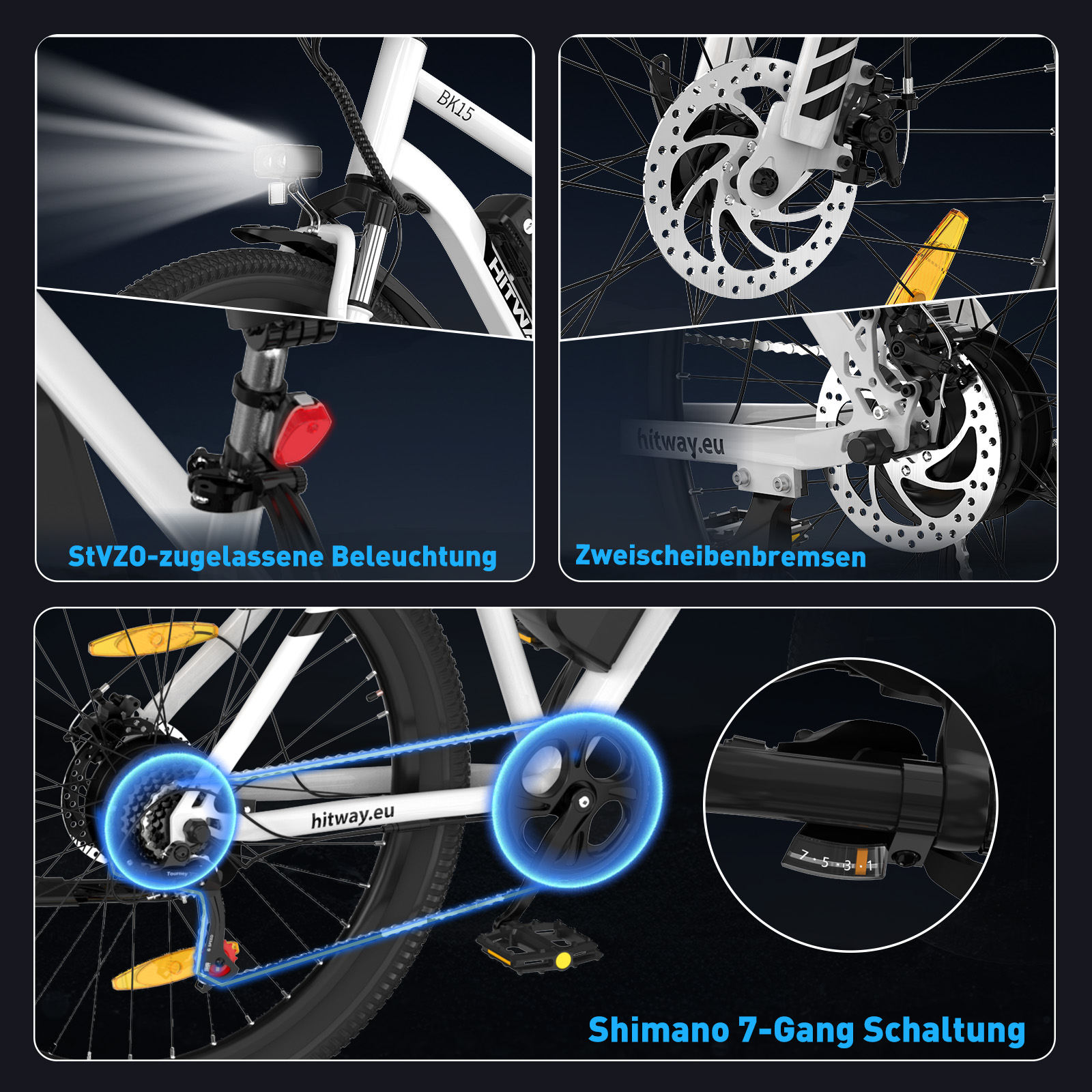 Ein weiß-schwarzes Fahrrad mit hervorgehobenen Merkmalen: Beleuchtung, Scheibenbremsen, Gangschaltung und Shimano 7-Gang.