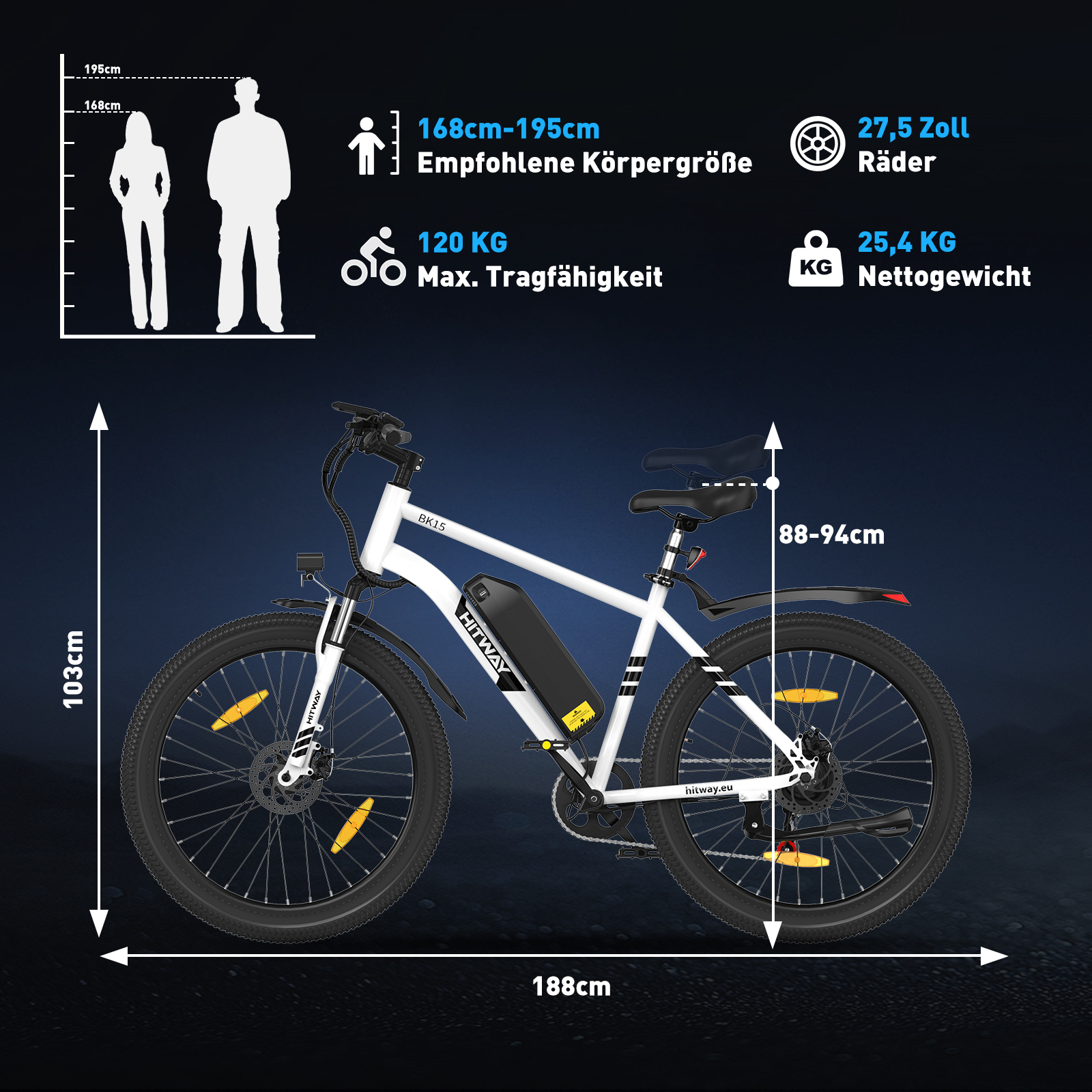 Weißes Elektrofahrrad mit schwarzen Reifen. Text: 168-195cm, 120 kg, 27,5 Zoll, 25,4 kg. Abmessungen sind gezeigt.