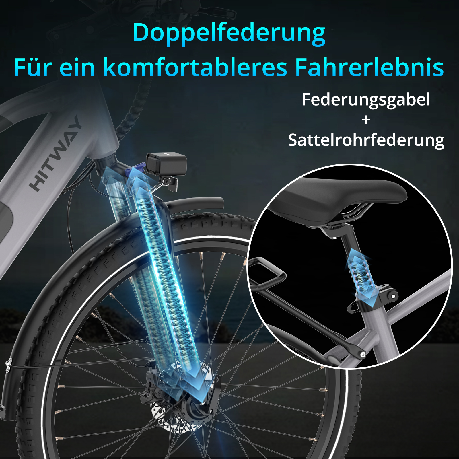 Fahrradgabel und Sattelstütze zeigen Federung. Text sagt 'Doppelfederung' für komfortables Fahren. Schwarz und Grau.