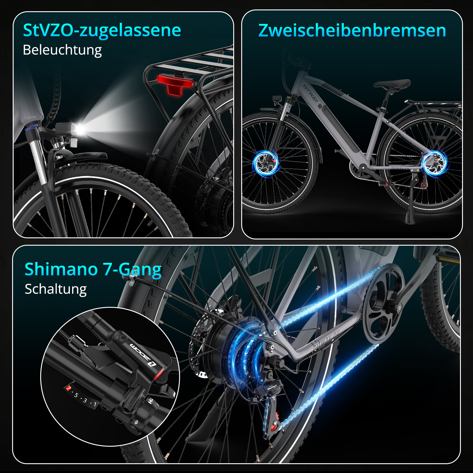 Fahrrad mit Scheinwerfer, Scheibenbremsen und Shimano 7-Gang-Schaltung.