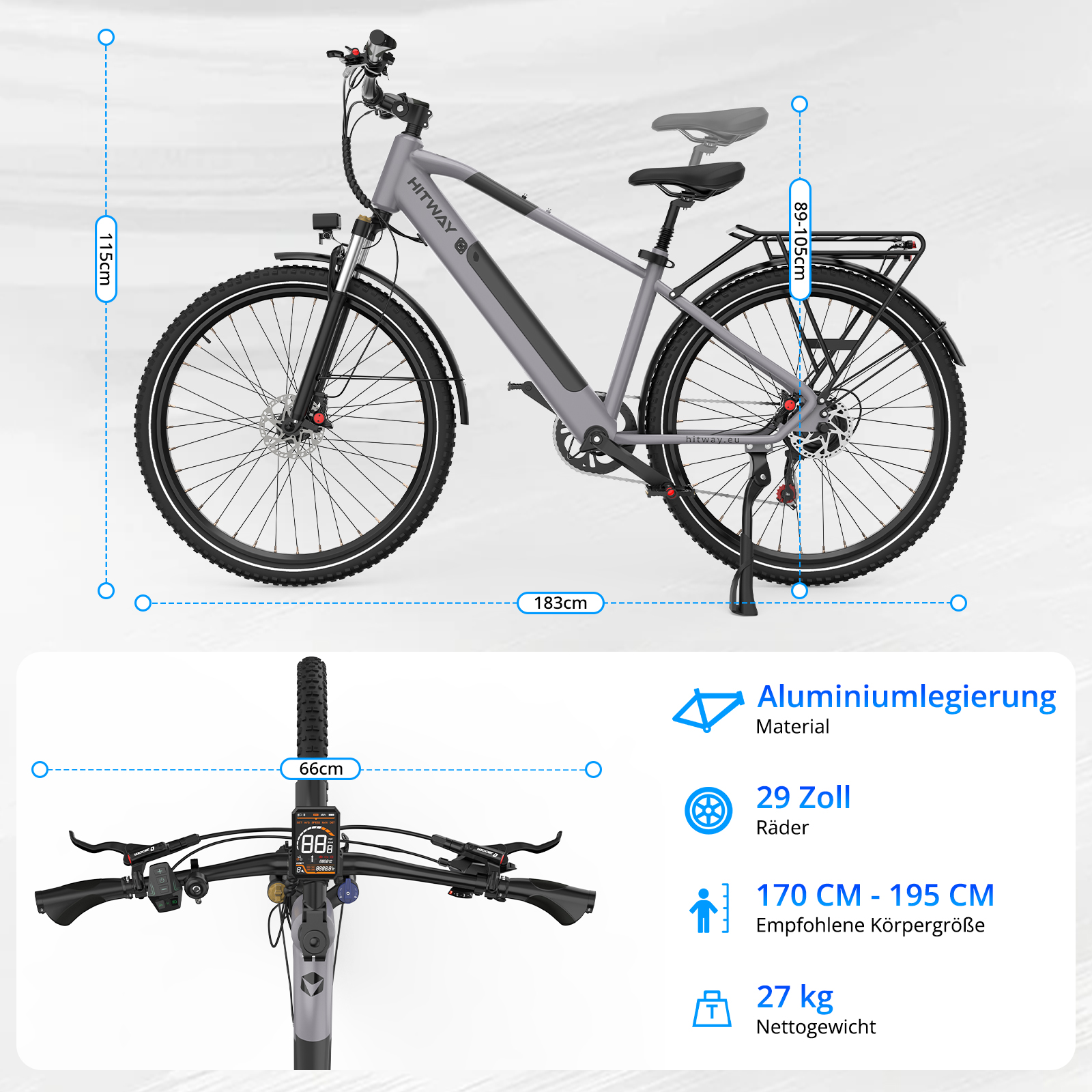 Graues HITWAY-Elektrofahrrad mit Abmessungen und Spezifikationen. Enthält Radgröße, Gewicht und Höhenangaben.