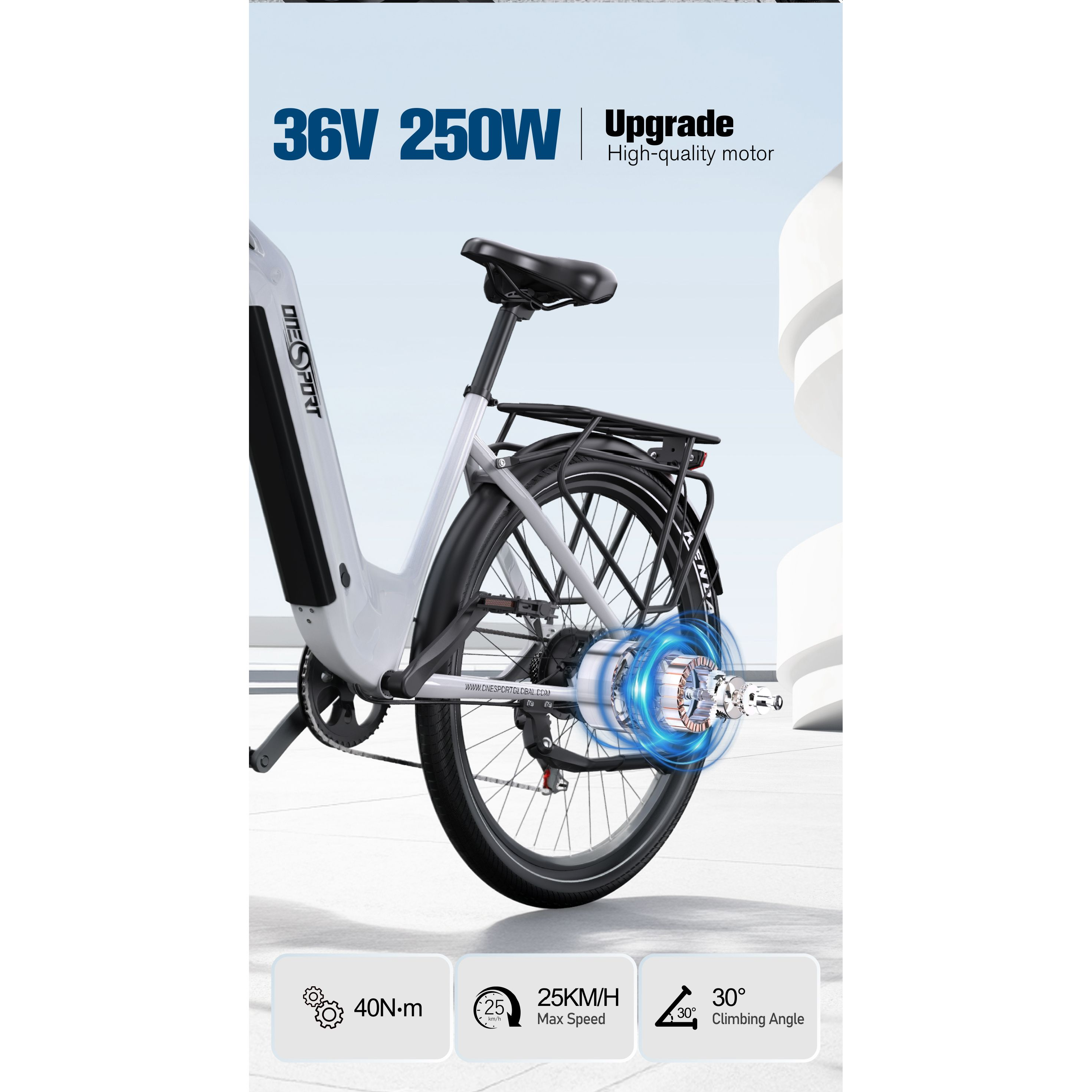 Ein Elektrofahrrad wird gezeigt, mit Details zu Motor, Geschwindigkeit und Steigwinkel. Das Fahrrad ist weiß mit schwarzen Akzenten.